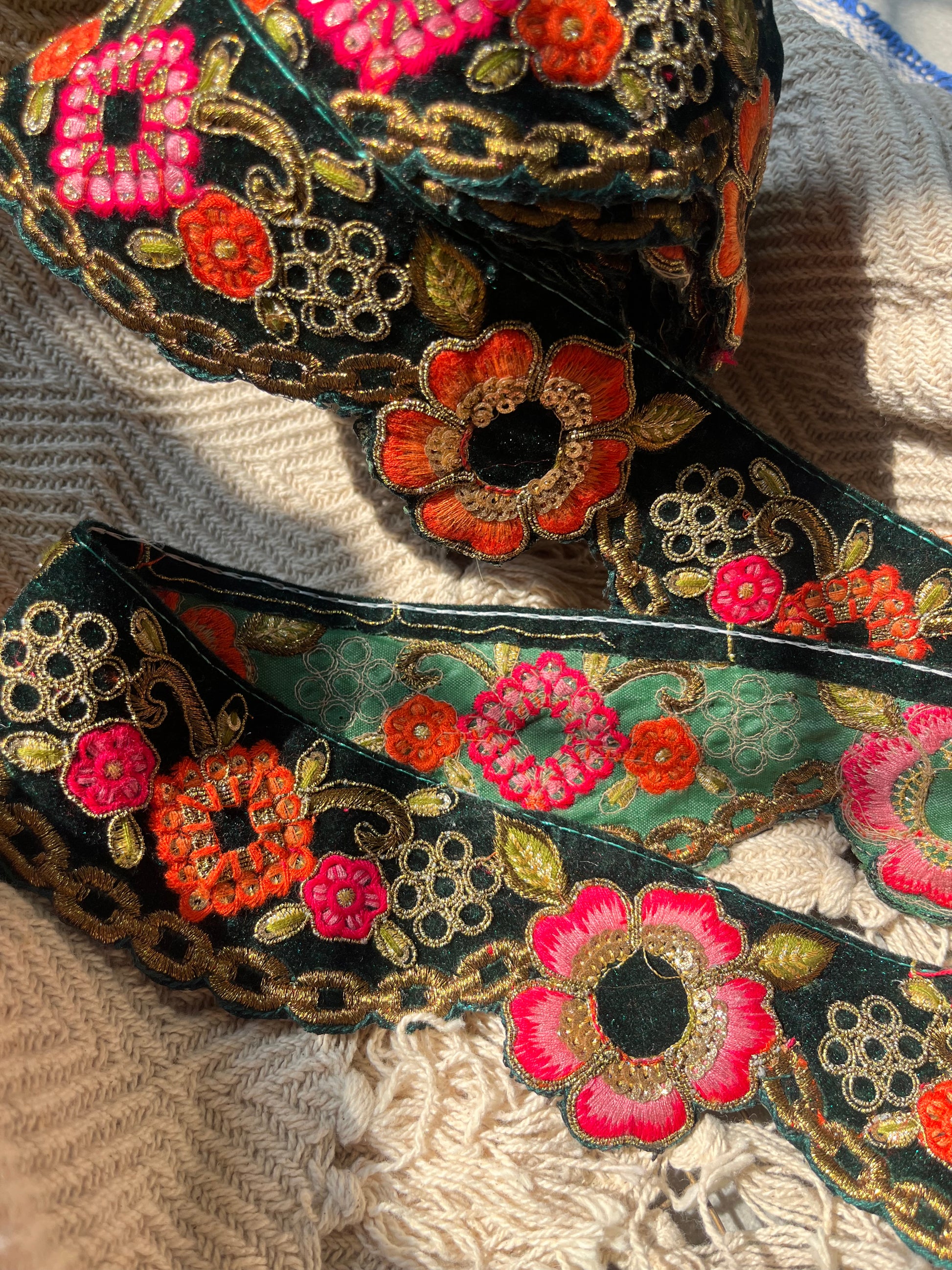 Premium Floral Embroidered Velvet Lace Trim – Gold Zari & Sequin Work