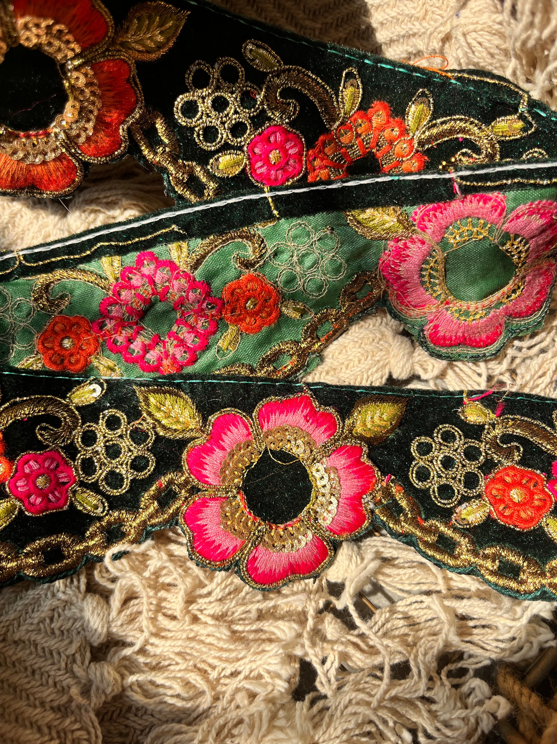 Premium Floral Embroidered Velvet Lace Trim – Gold Zari & Sequin Work