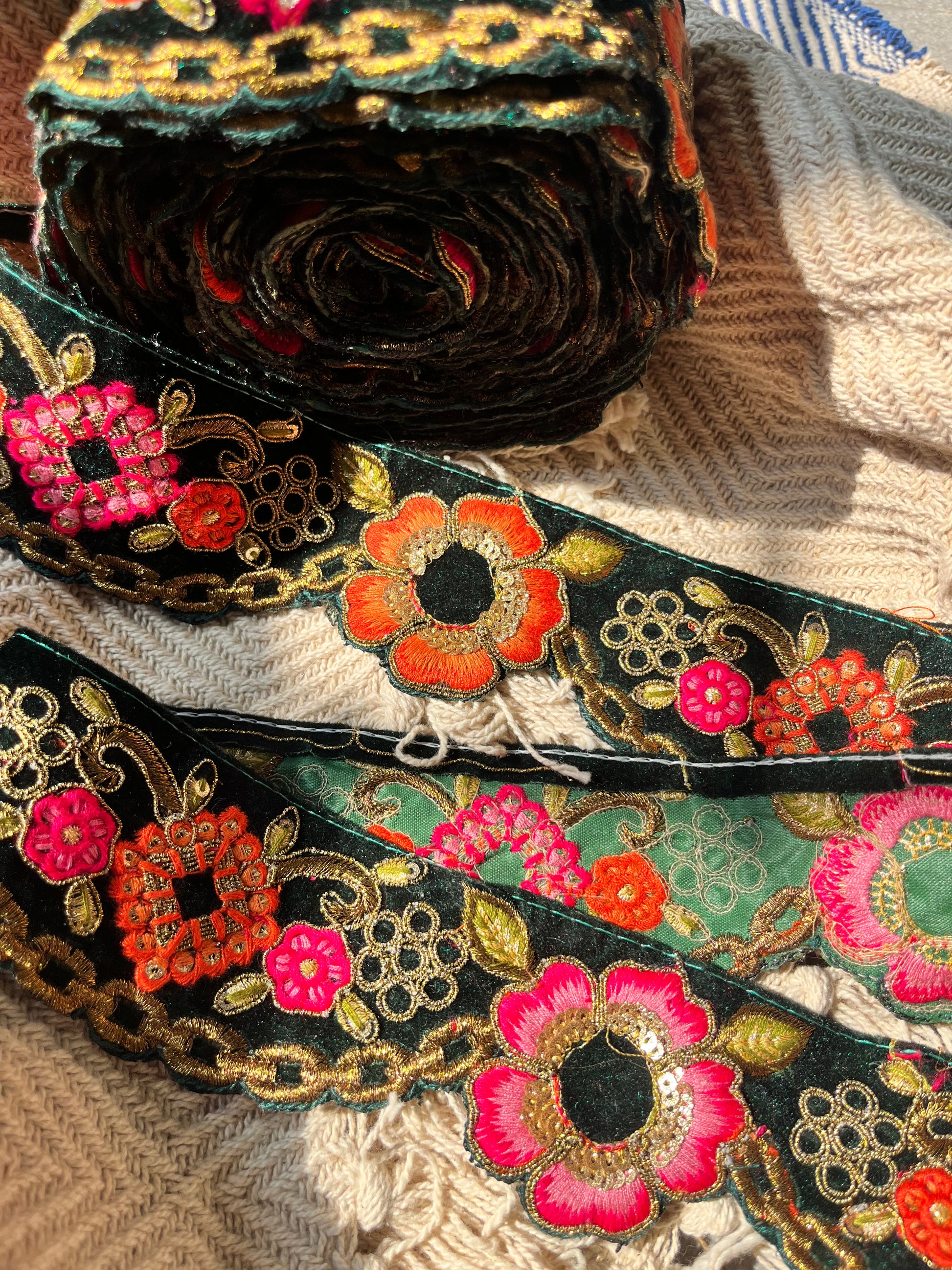 Premium Floral Embroidered Velvet Lace Trim – Gold Zari & Sequin Work