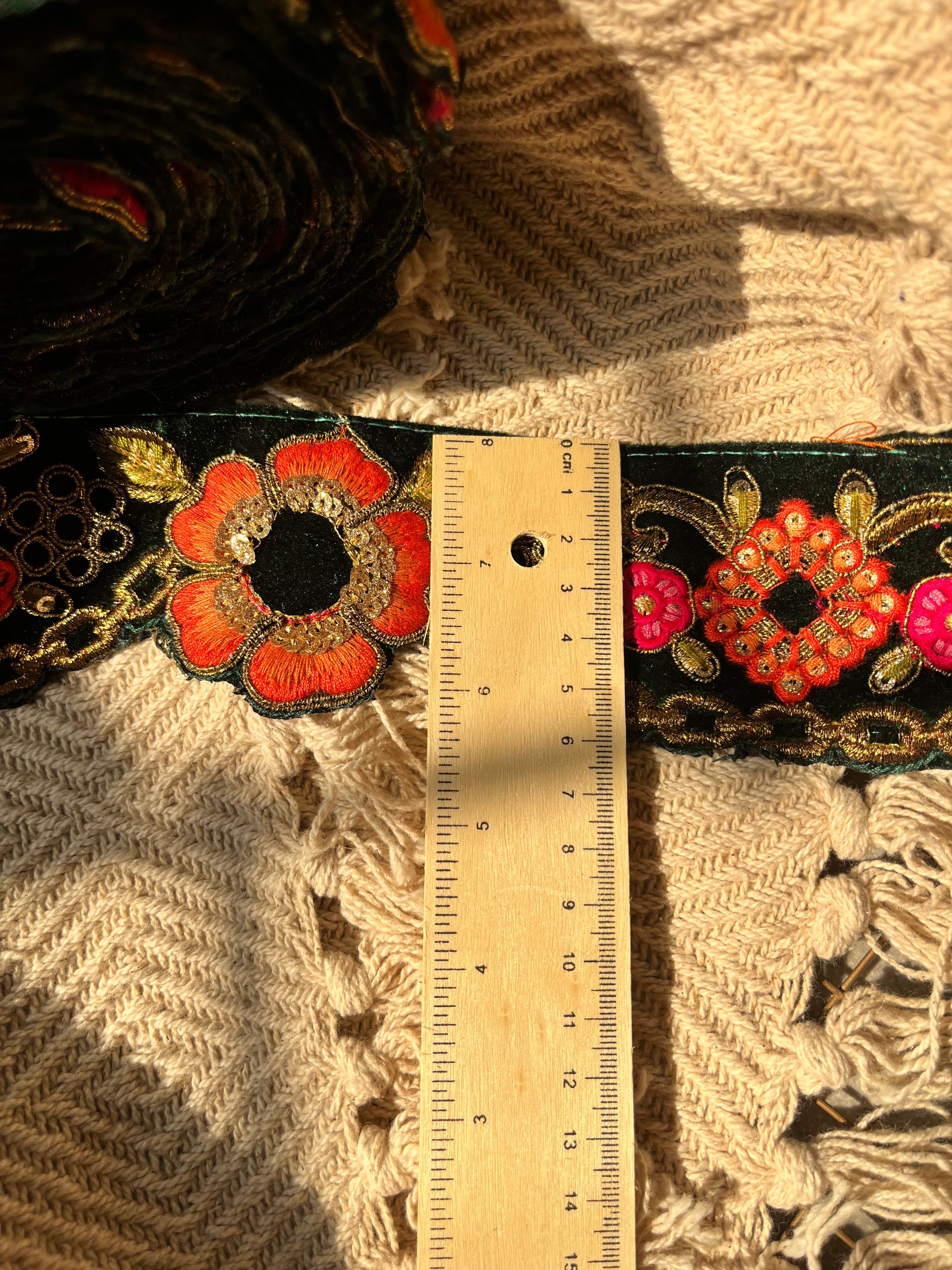 Premium Floral Embroidered Velvet Lace Trim – Gold Zari & Sequin Work