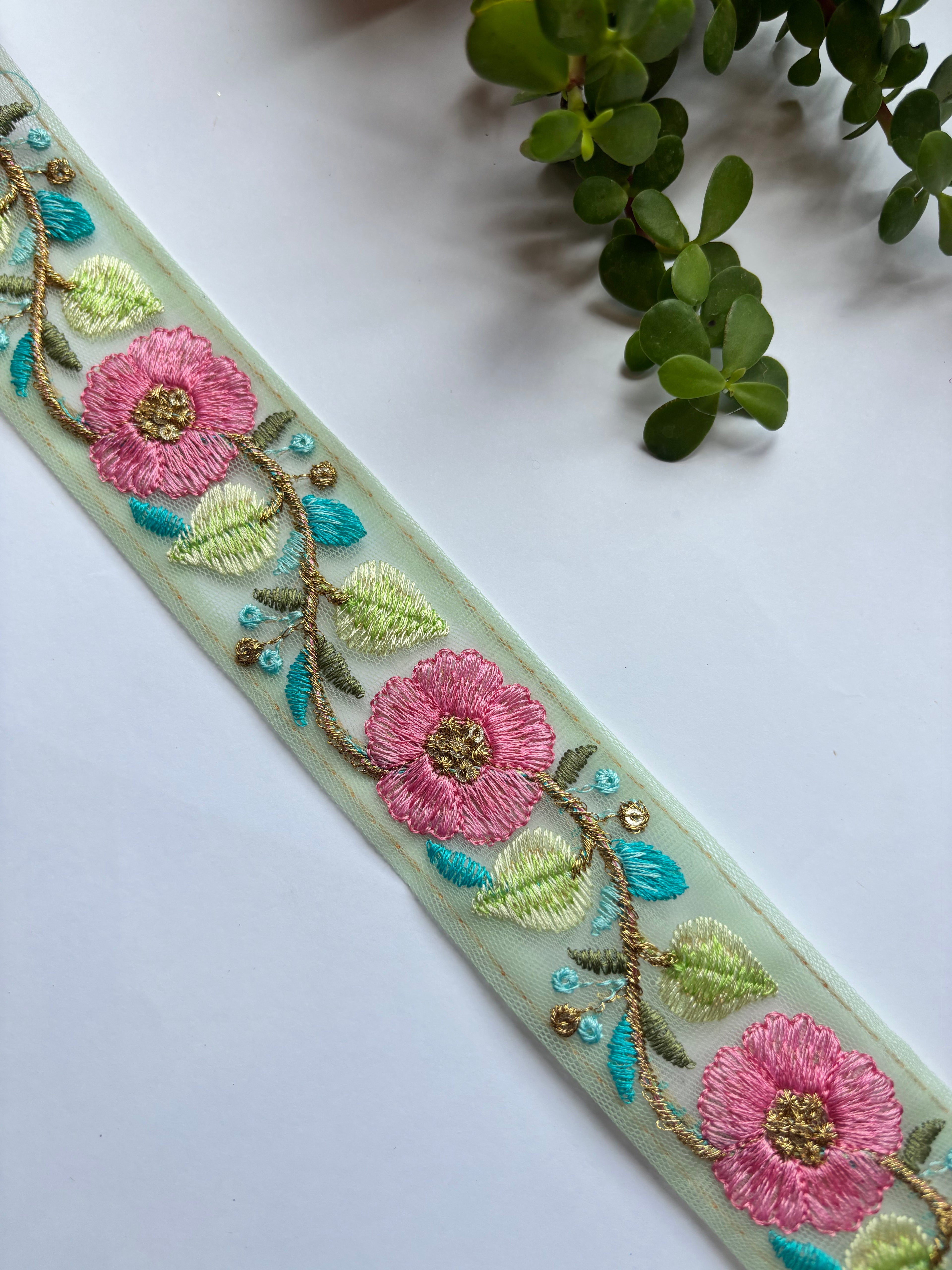 Floral Embroidered Net Trim with Zardozi Work