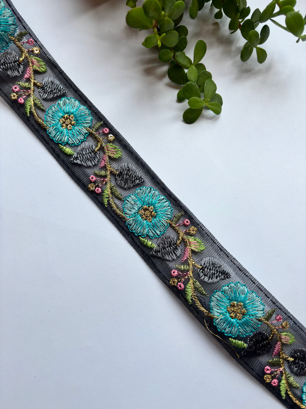 Floral Embroidered Net Trim with Zardozi Work