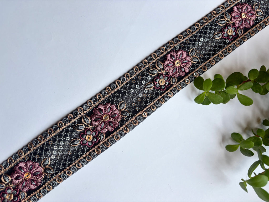 Intricate Floral Embroidery Trim with Sequin Accents