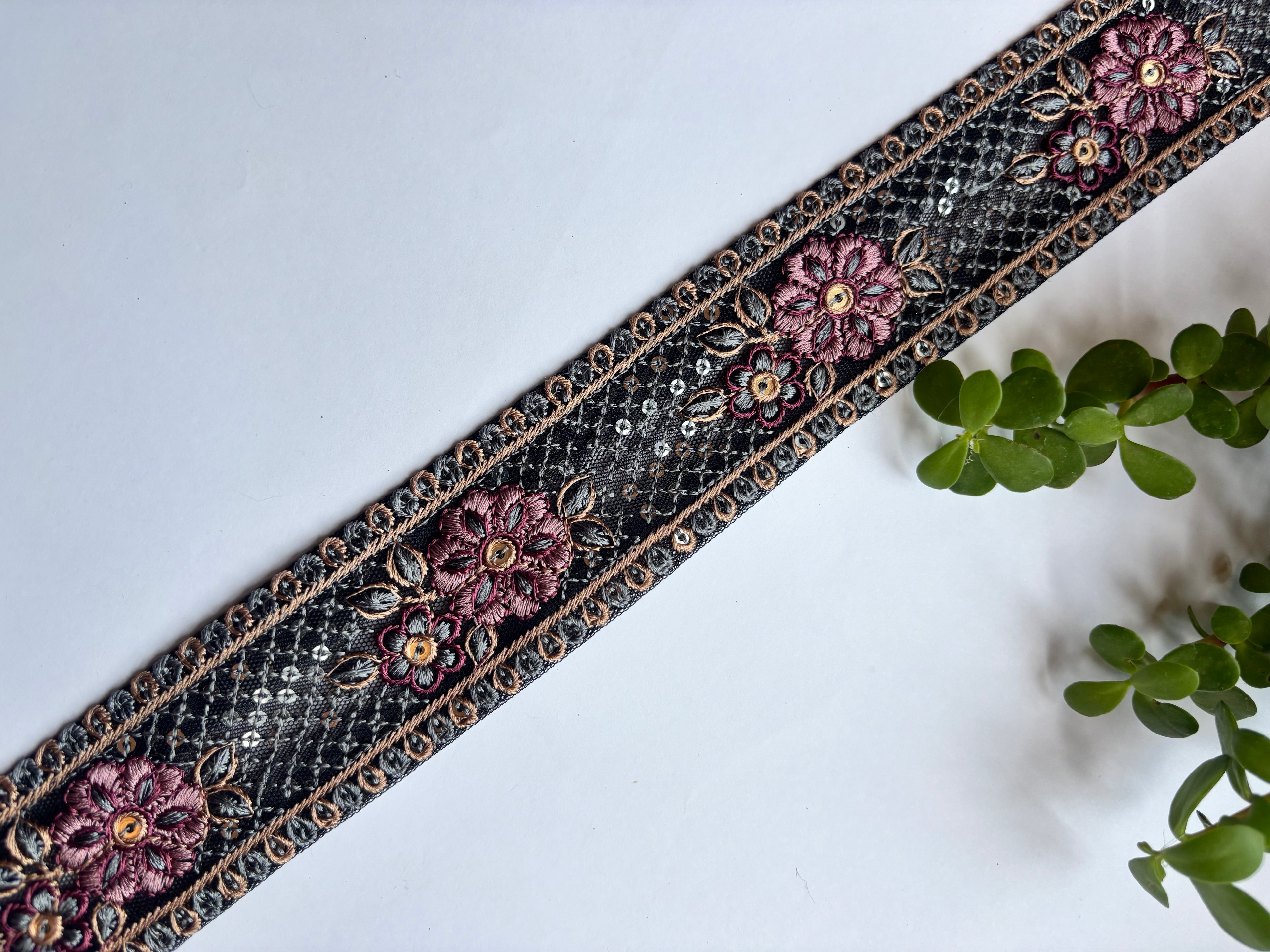 Intricate Floral Embroidery Trim with Sequin Accents