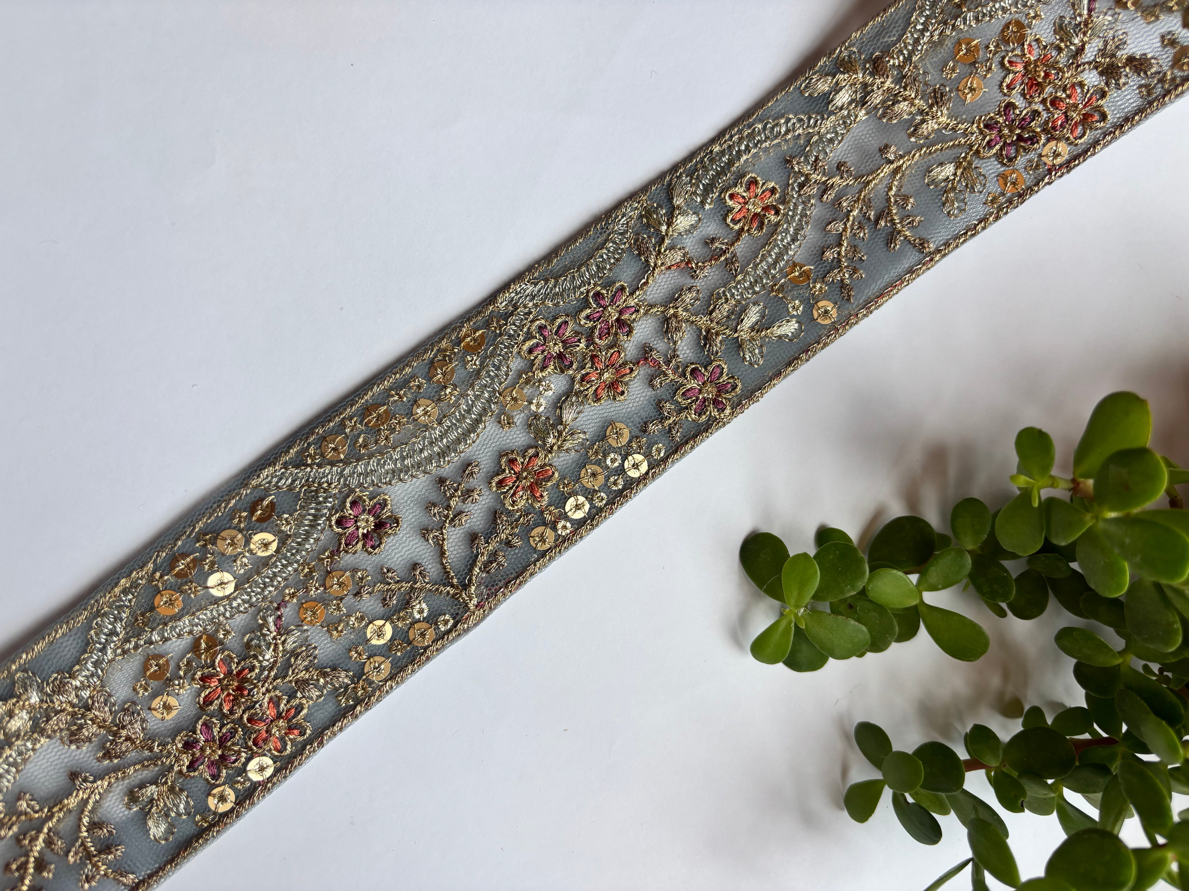 Vintage Zardozi Floral Trim with Gold Sequins