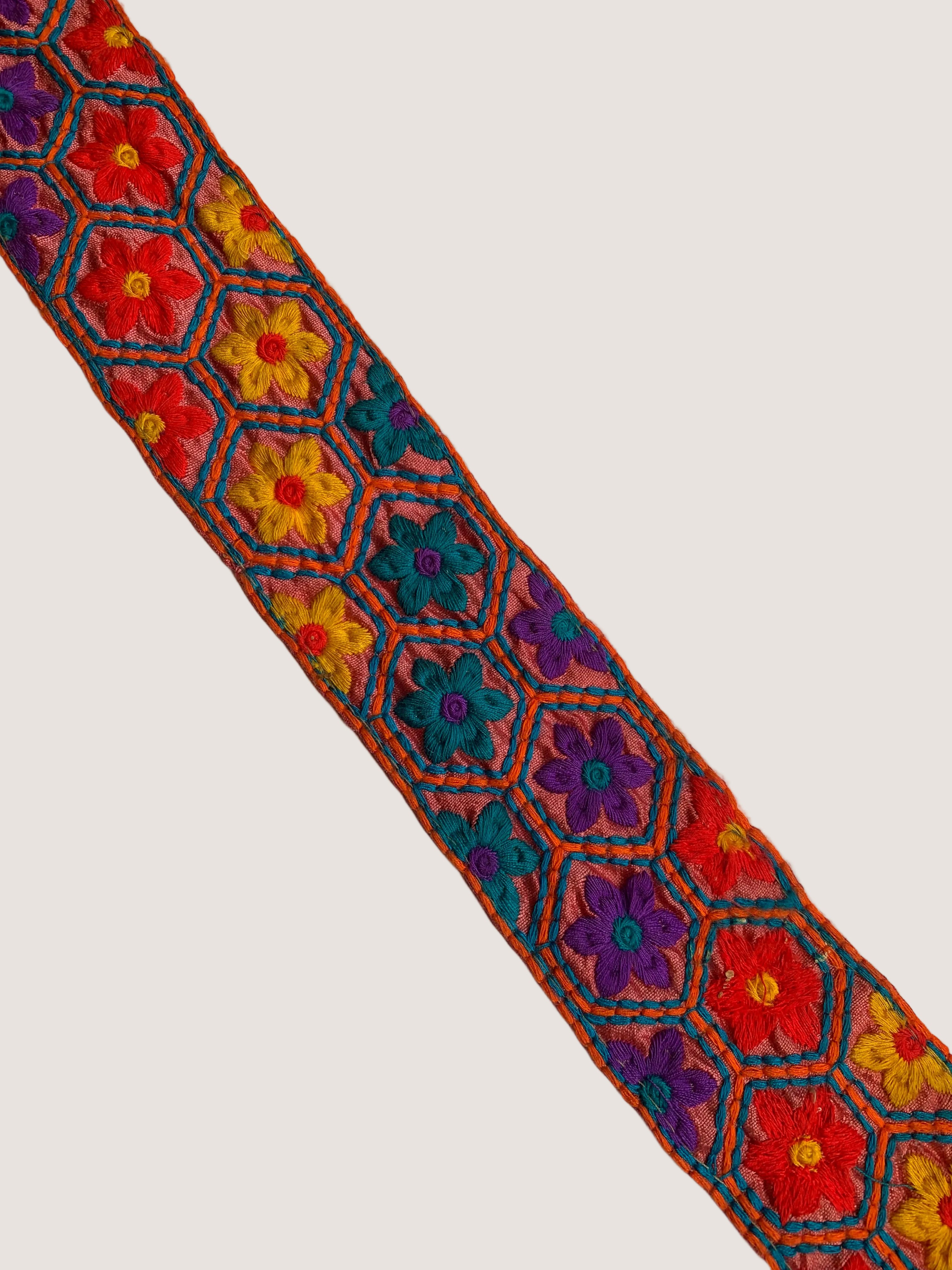 Multicolor Embroidered Floral Hexagon Lace Trim – Vibrant Geometric Boho Border