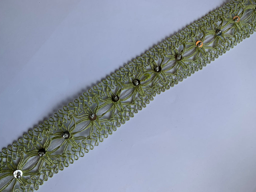 Floral Lace Trim with Sparkling Sequin Accents - Versatile Braided Mesh Embroidery