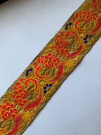 Vibrant Embroidered Peacock Motif Fabric Border