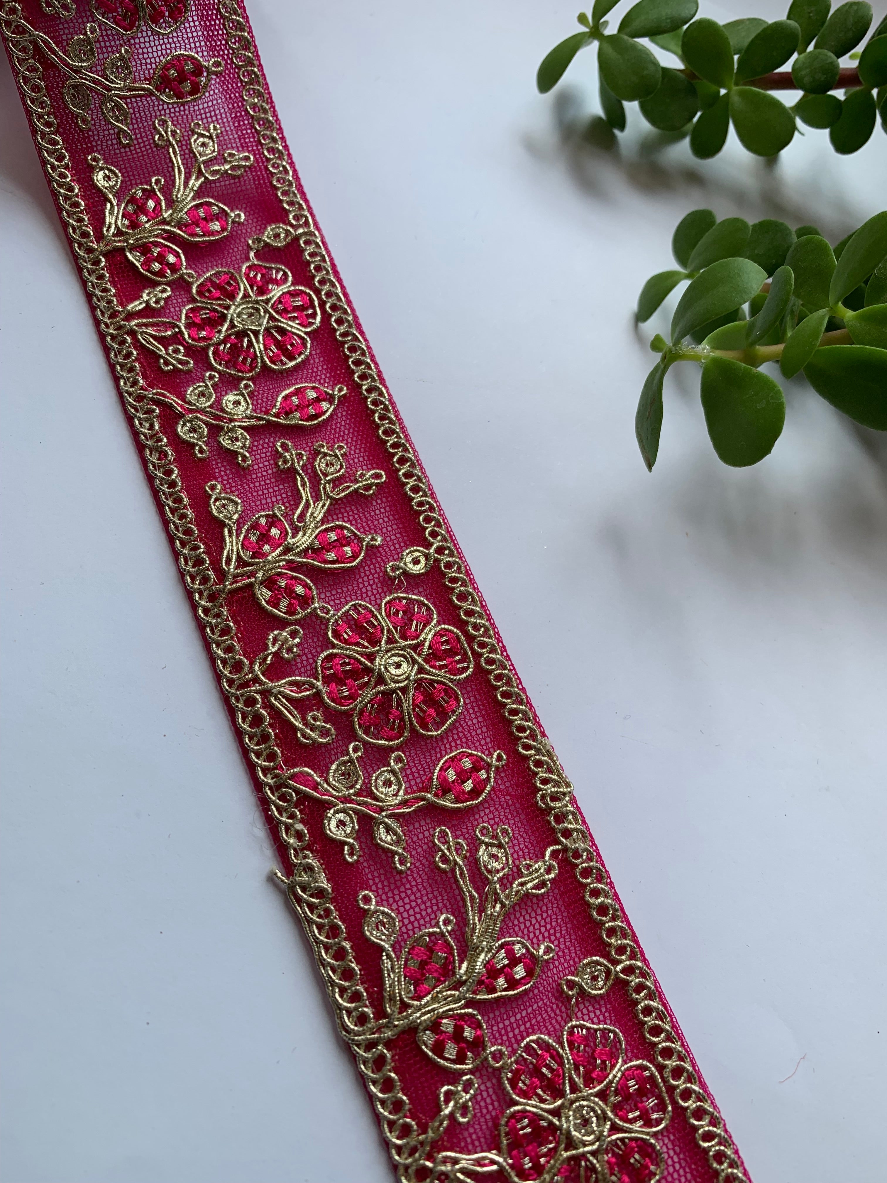 Multi-Color Floral Embroidered Net Lace Trim with Zari Work