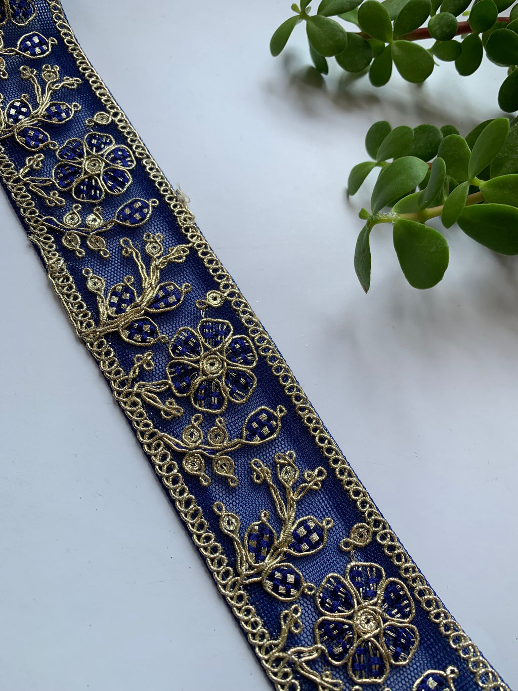 Multi-Color Floral Embroidered Net Lace Trim with Zari Work