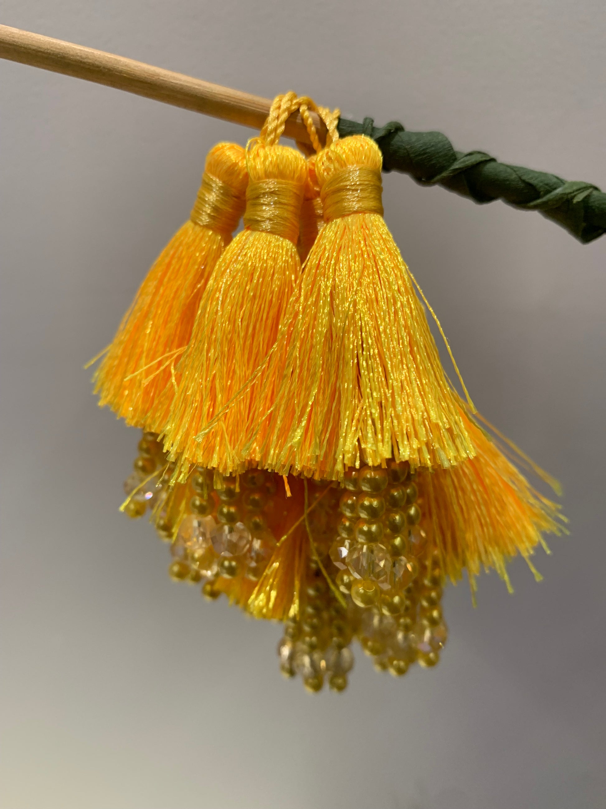Yellow Tassel and Gold/Crystal Bead Cluster