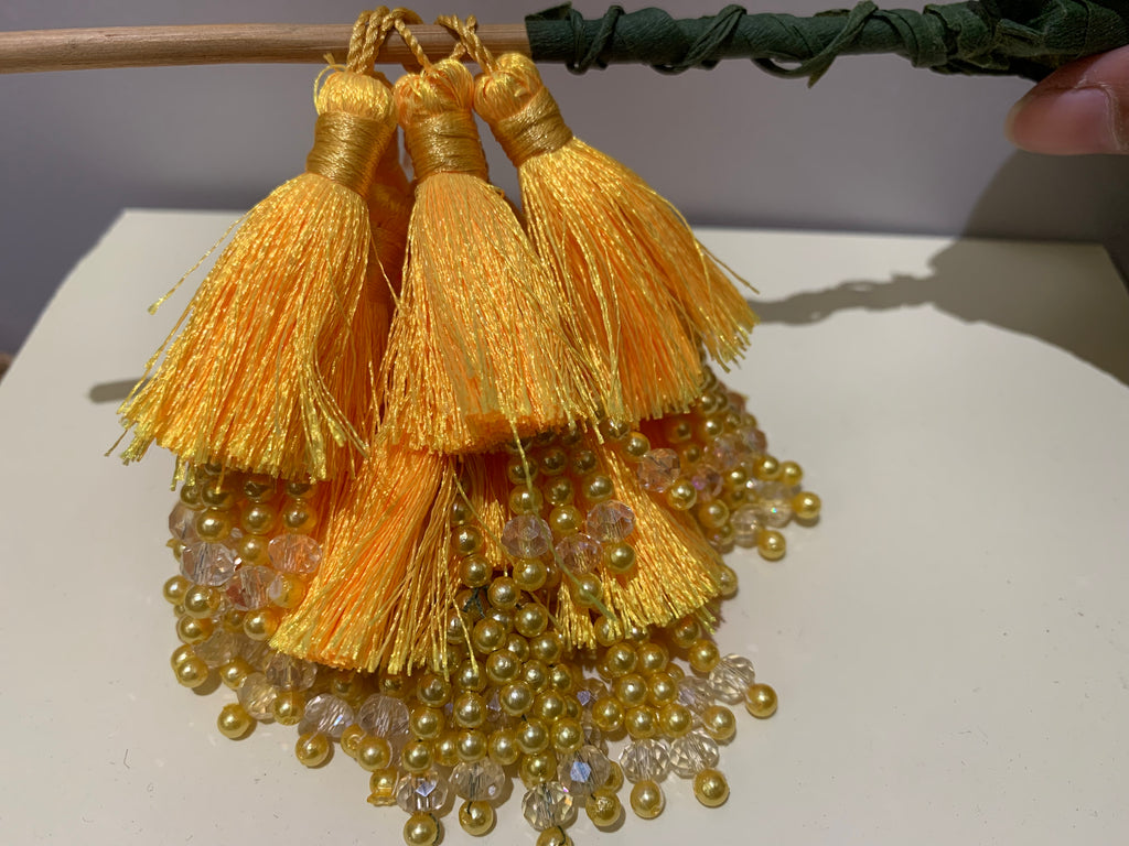Yellow Tassel and Gold/Crystal Bead Cluster