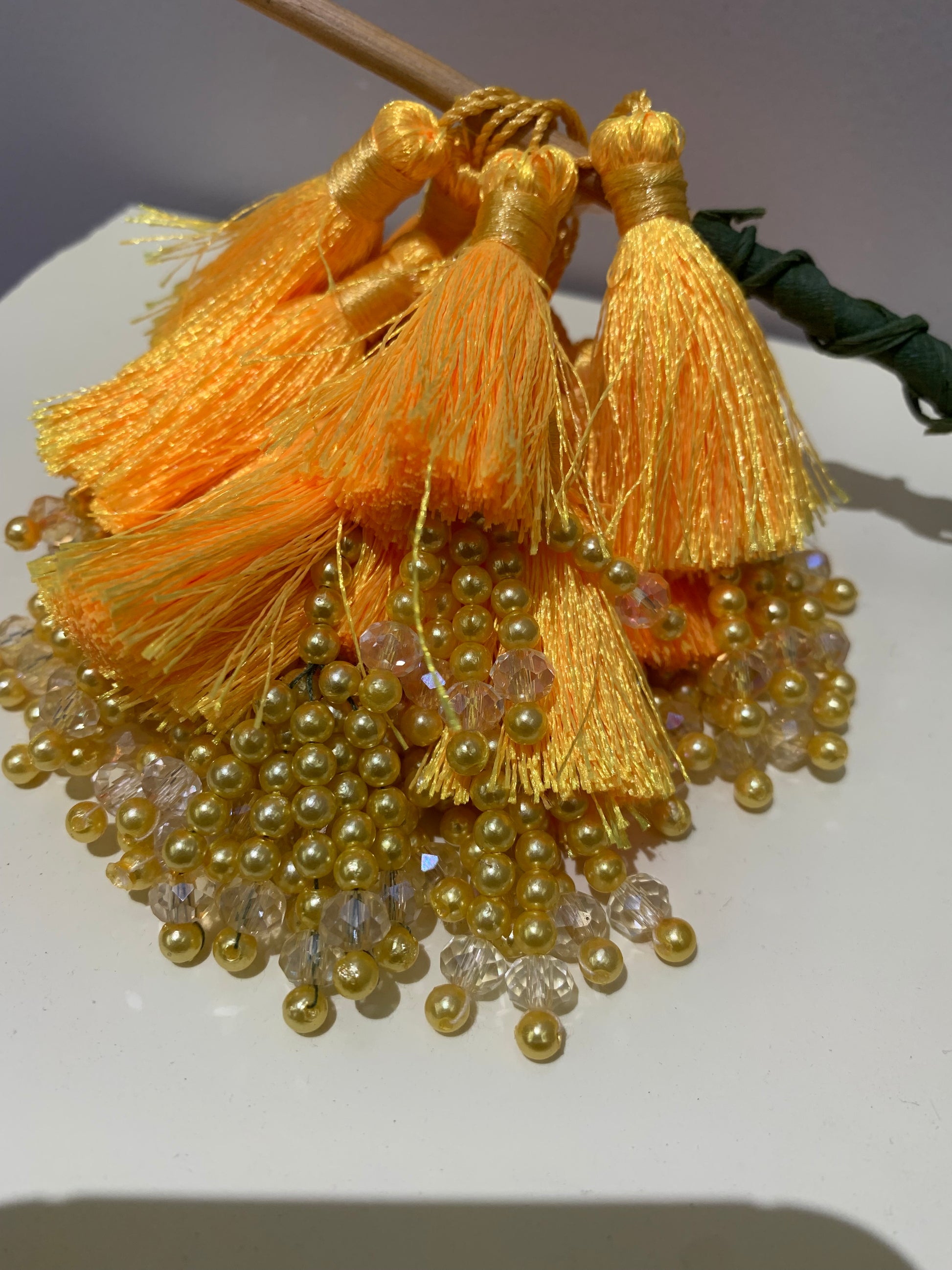 Yellow Tassel and Gold/Crystal Bead Cluster