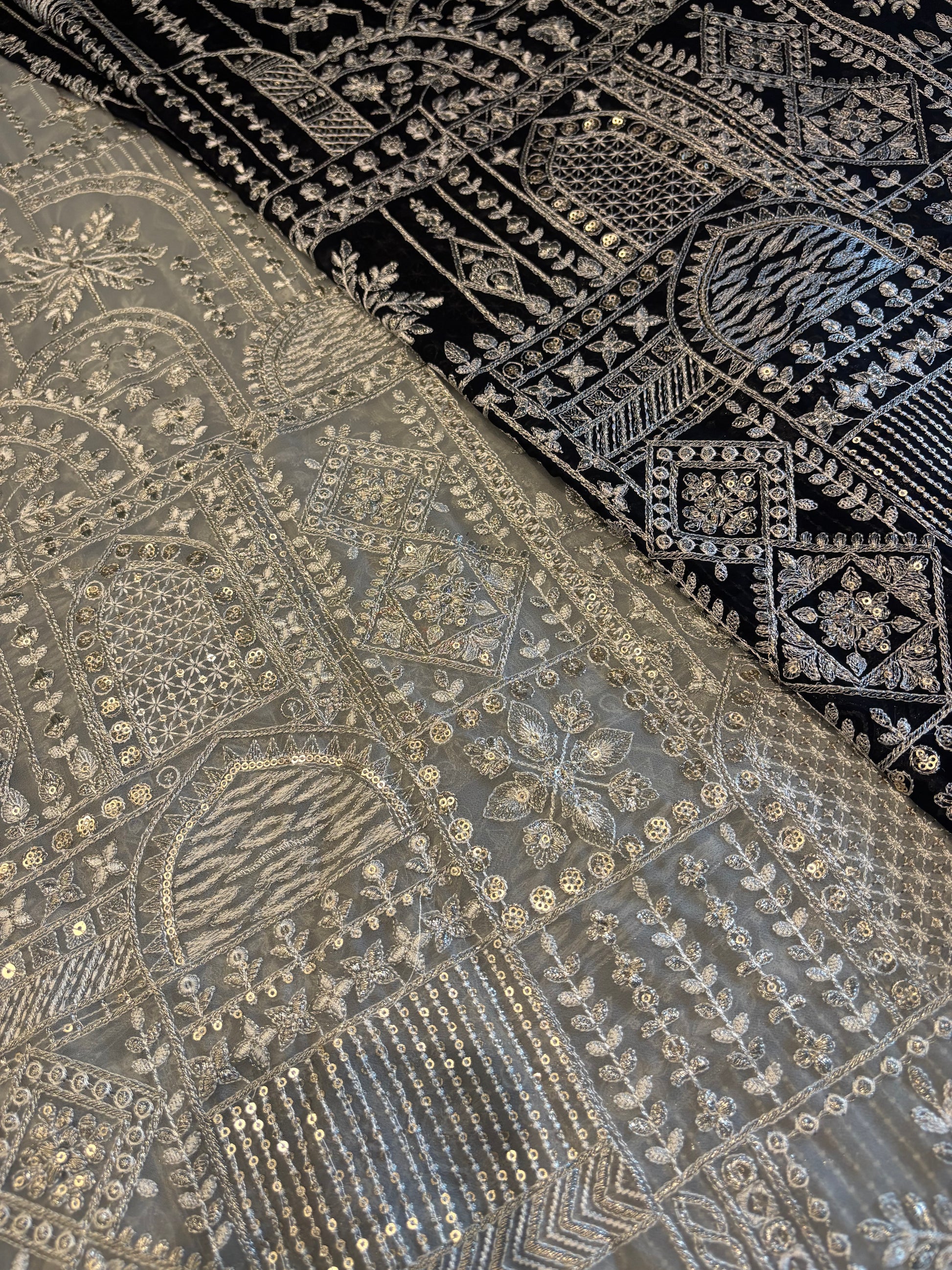 Ivory Threadwork Geometric Embroidered Fabric