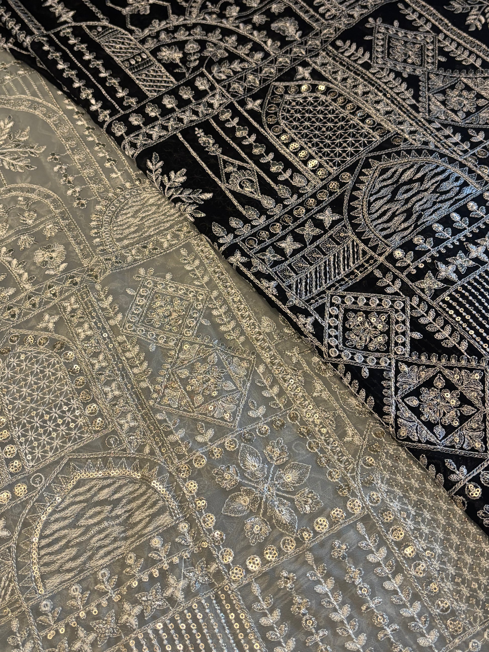 Ivory Threadwork Geometric Embroidered Fabric