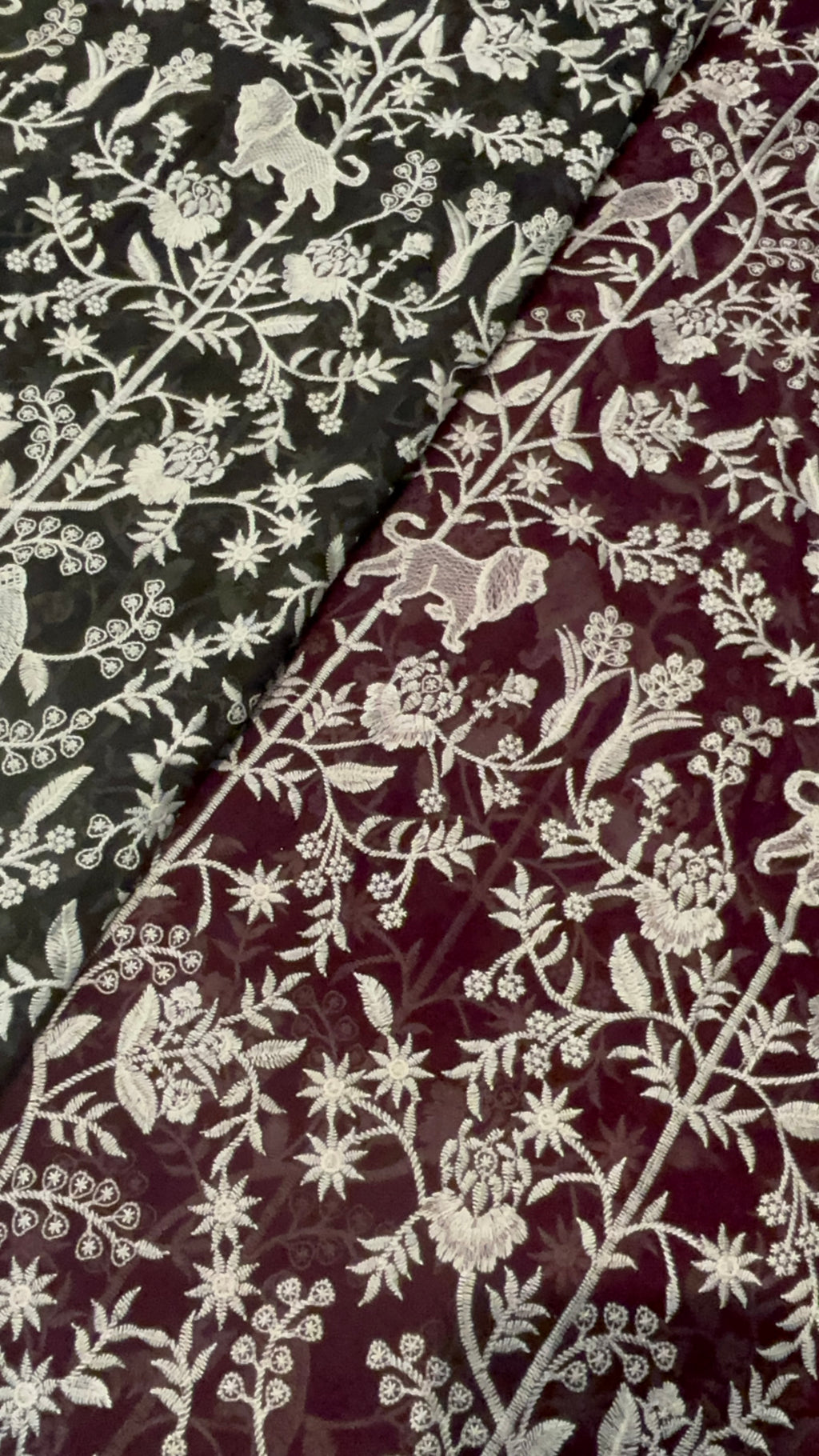 Black & Burgundy Shikargah-Inspired Floral Fabric with White Threadwork Embroidery