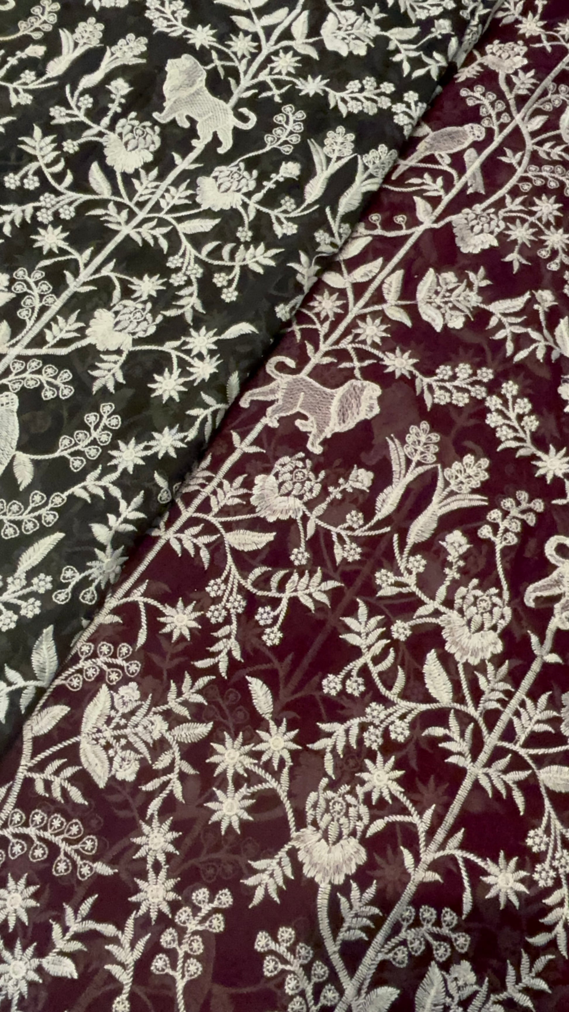 Black & Burgundy Shikargah-Inspired Floral Fabric with White Threadwork Embroidery