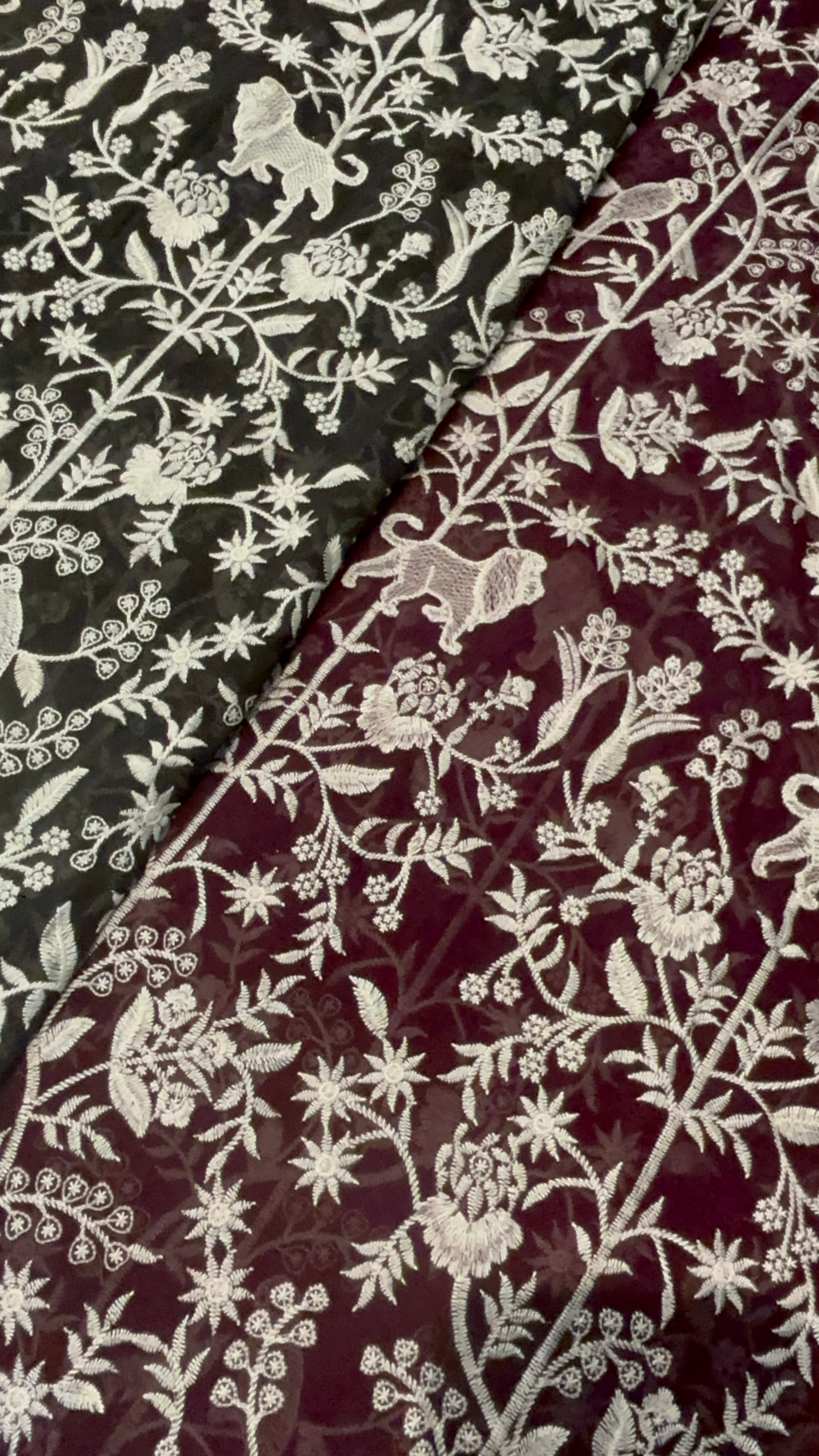 Black & Burgundy Shikargah-Inspired Floral Fabric with White Threadwork Embroidery