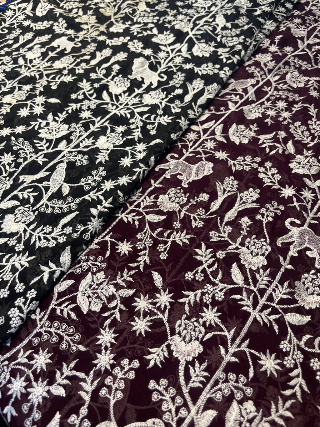 Black & Burgundy Shikargah-Inspired Floral Fabric with White Threadwork Embroidery
