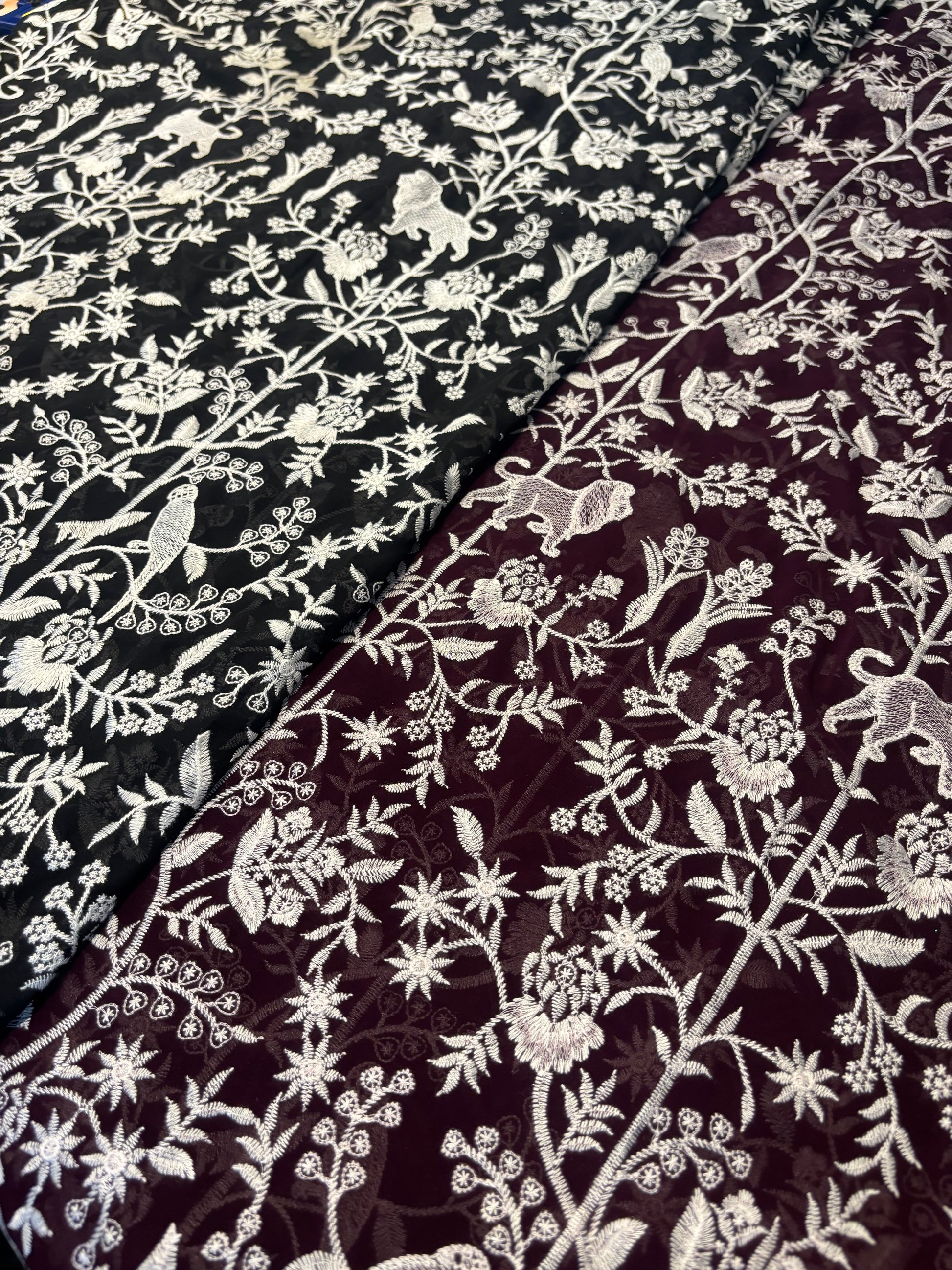 Black & Burgundy Shikargah-Inspired Floral Fabric with White Threadwork Embroidery