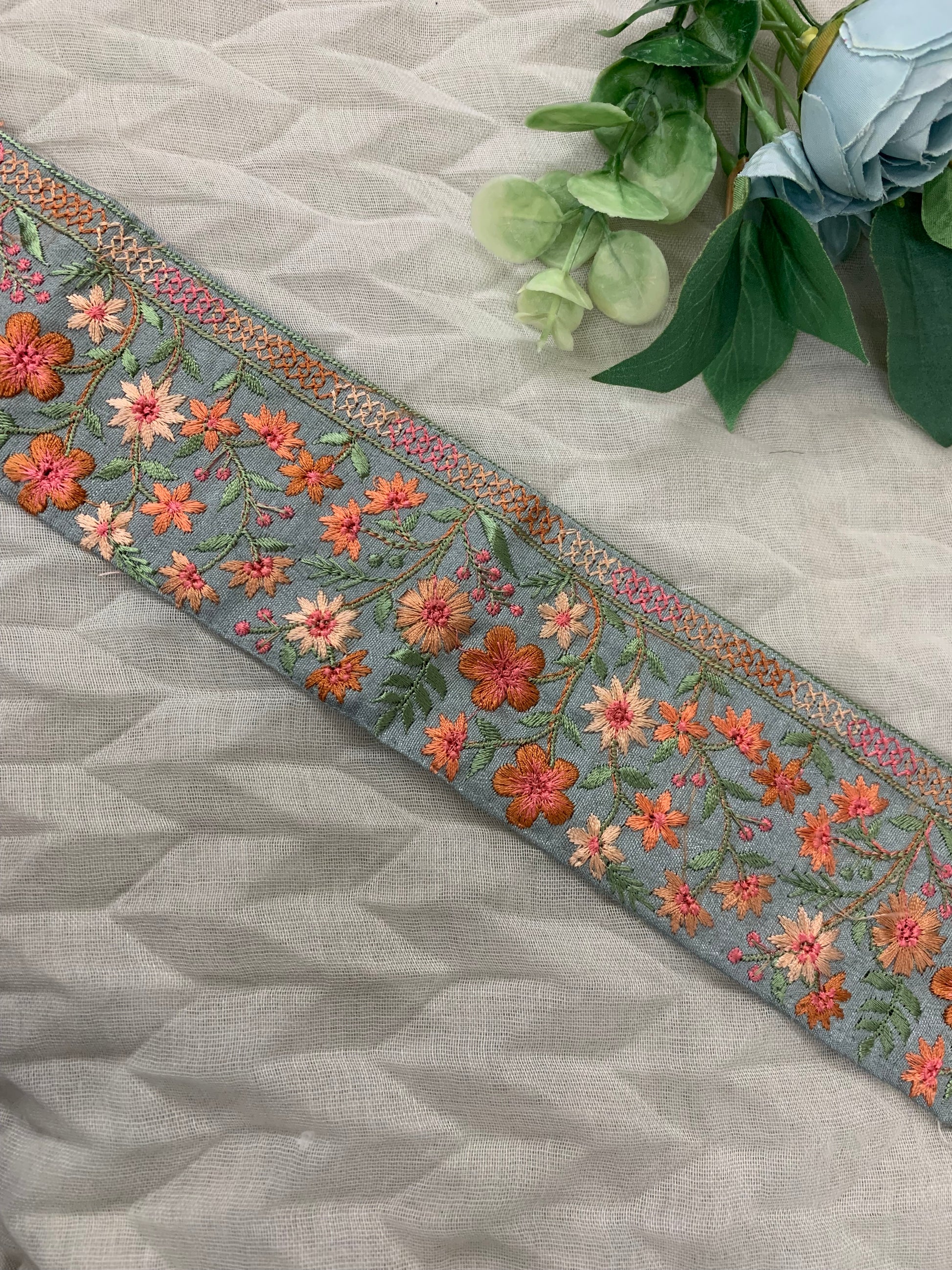 Multicolor Floral Embroidered Border on Net Fabric