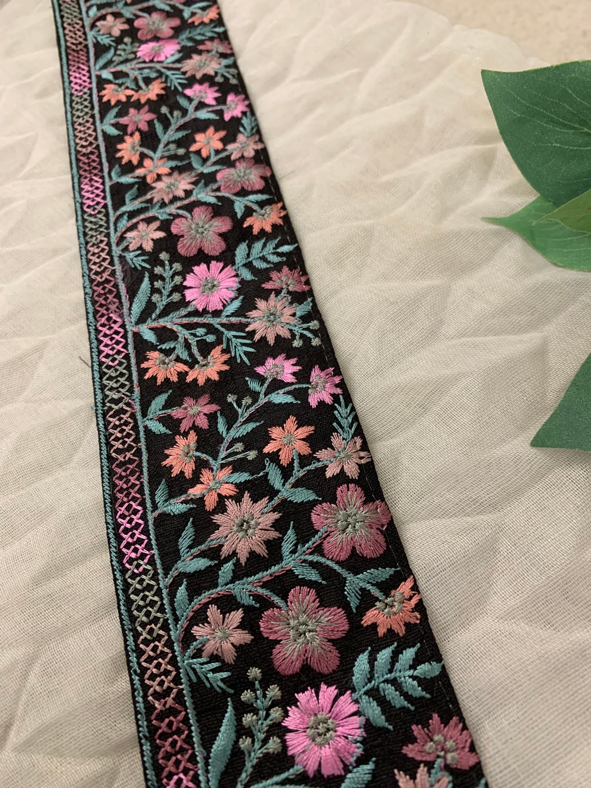 Multicolor Floral Embroidered Border on Net Fabric