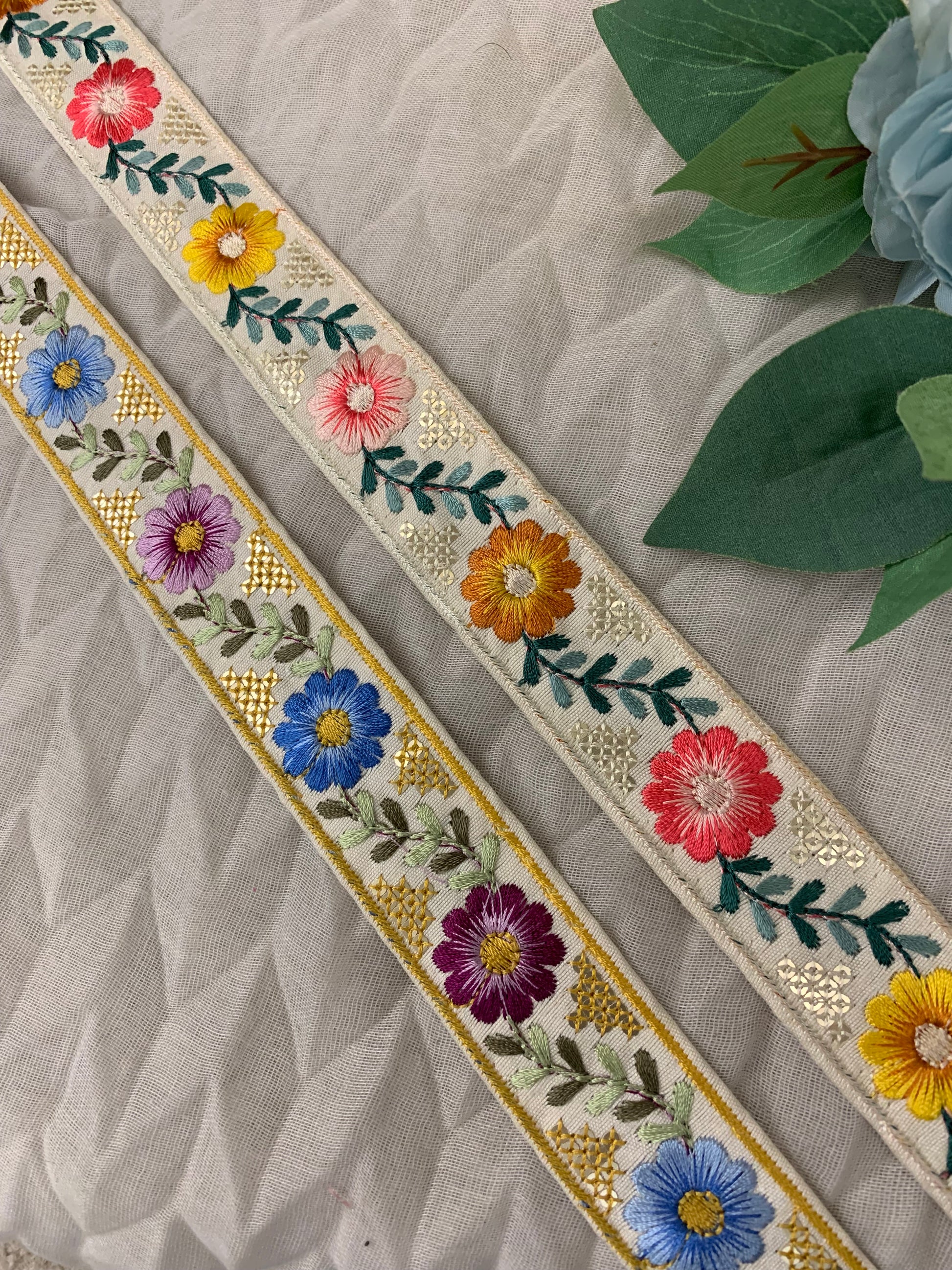 Multi-Color Beige Floral Embroidered Trim