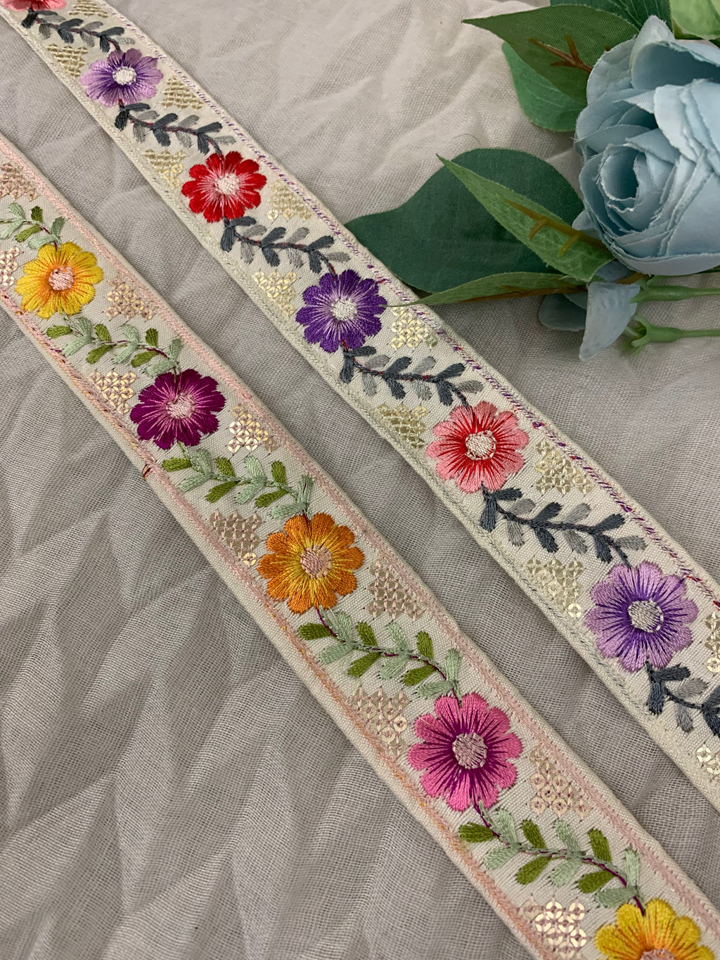 Multi-Color Beige Floral Embroidered Trim