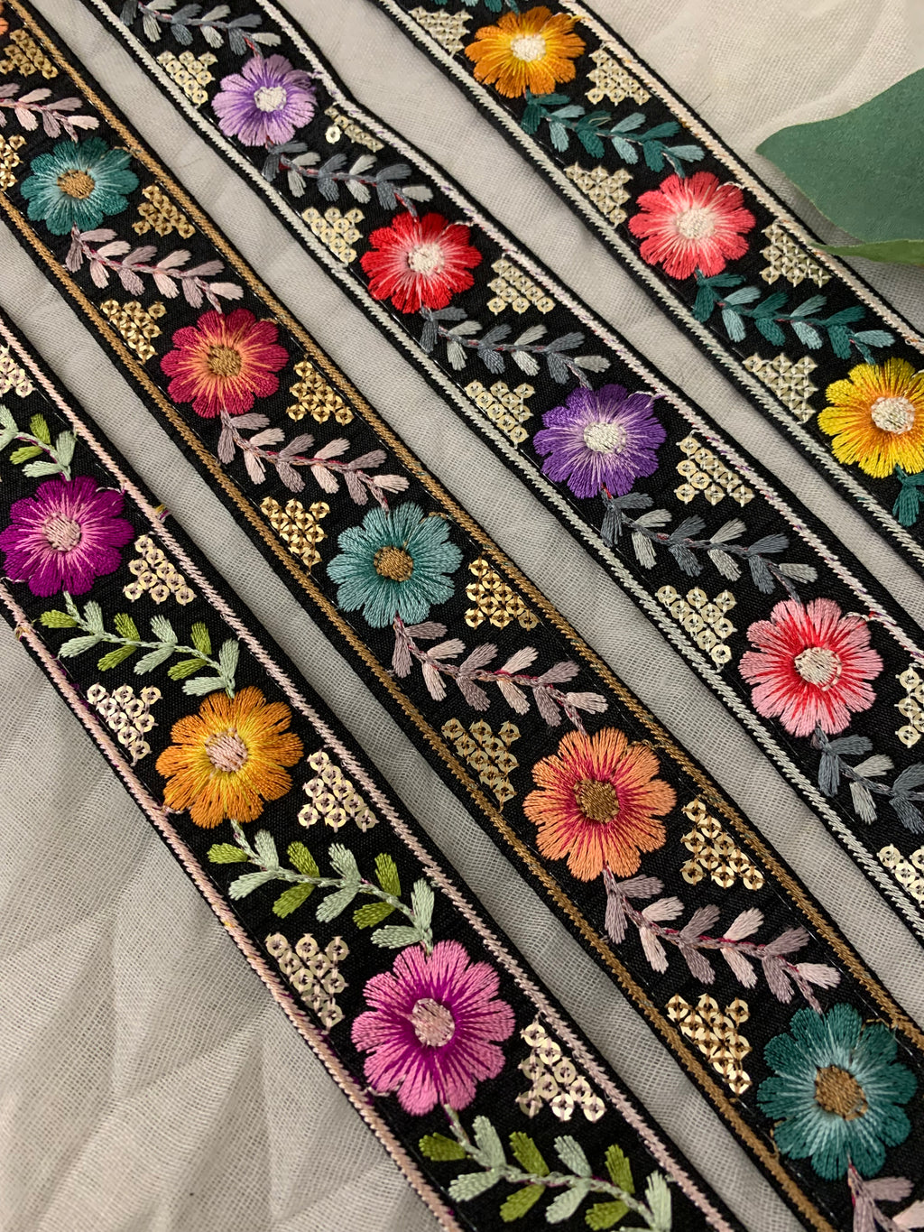 Multi-Color Black Floral Embroidered Trim