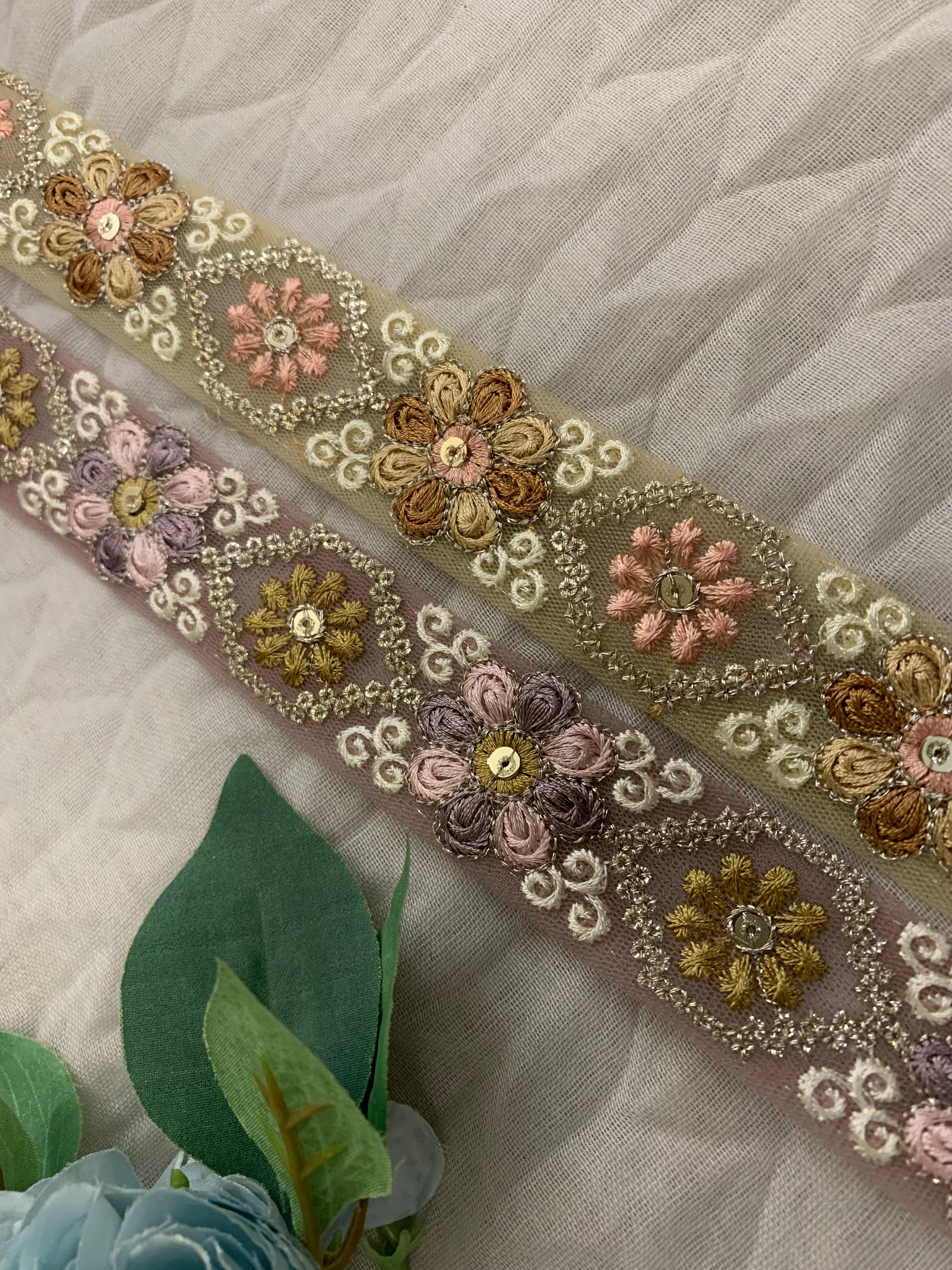 Floral Embroidered Tulle Lace Trim with Sequin Accents