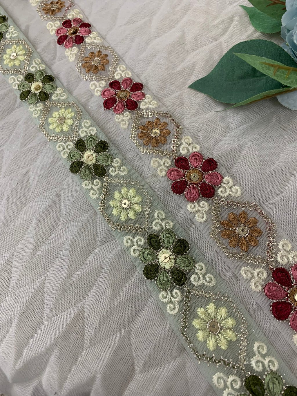 Floral Embroidered Tulle Lace Trim with Sequin Accents
