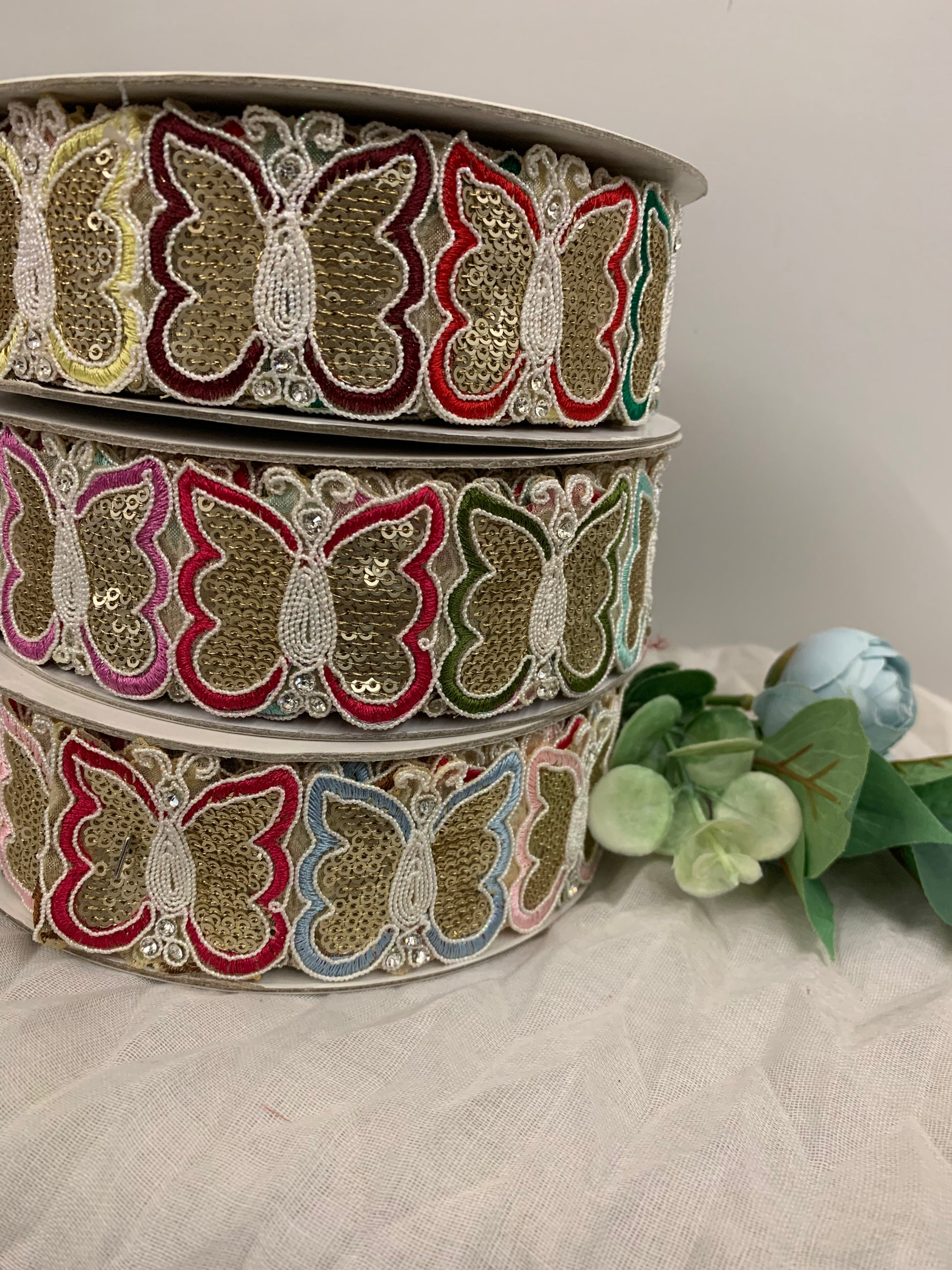 Golden Sequin Butterfly Lace Trim
