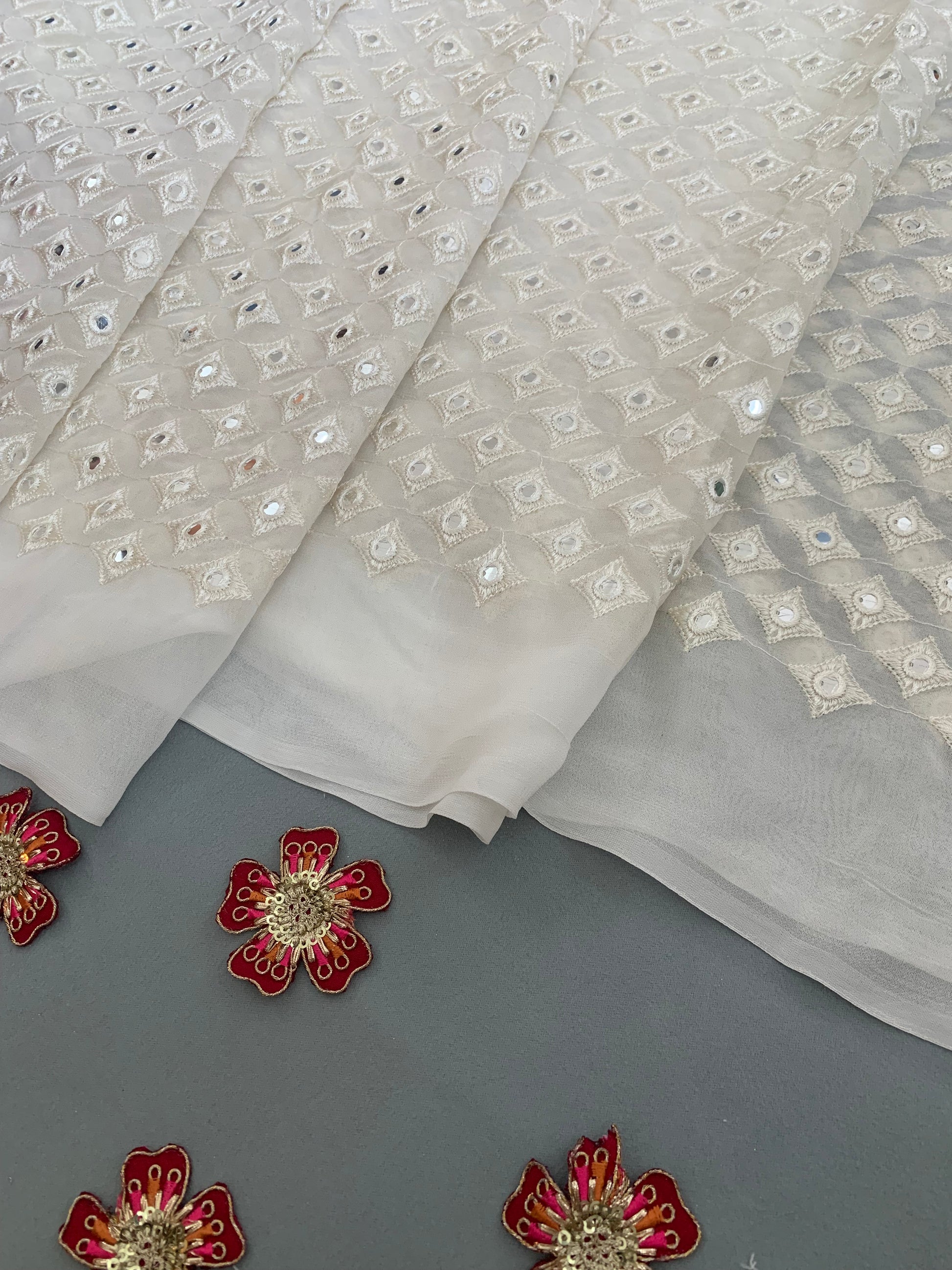 Ivory Mirror Work Geometric Embroidered Fabric