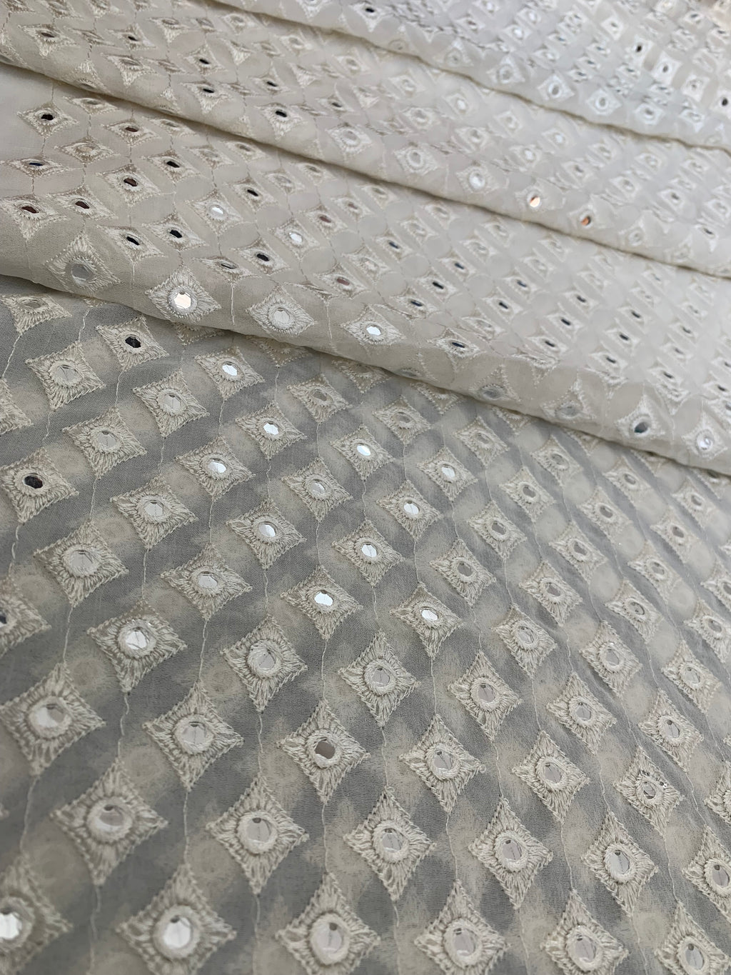 Ivory Mirror Work Geometric Embroidered Fabric