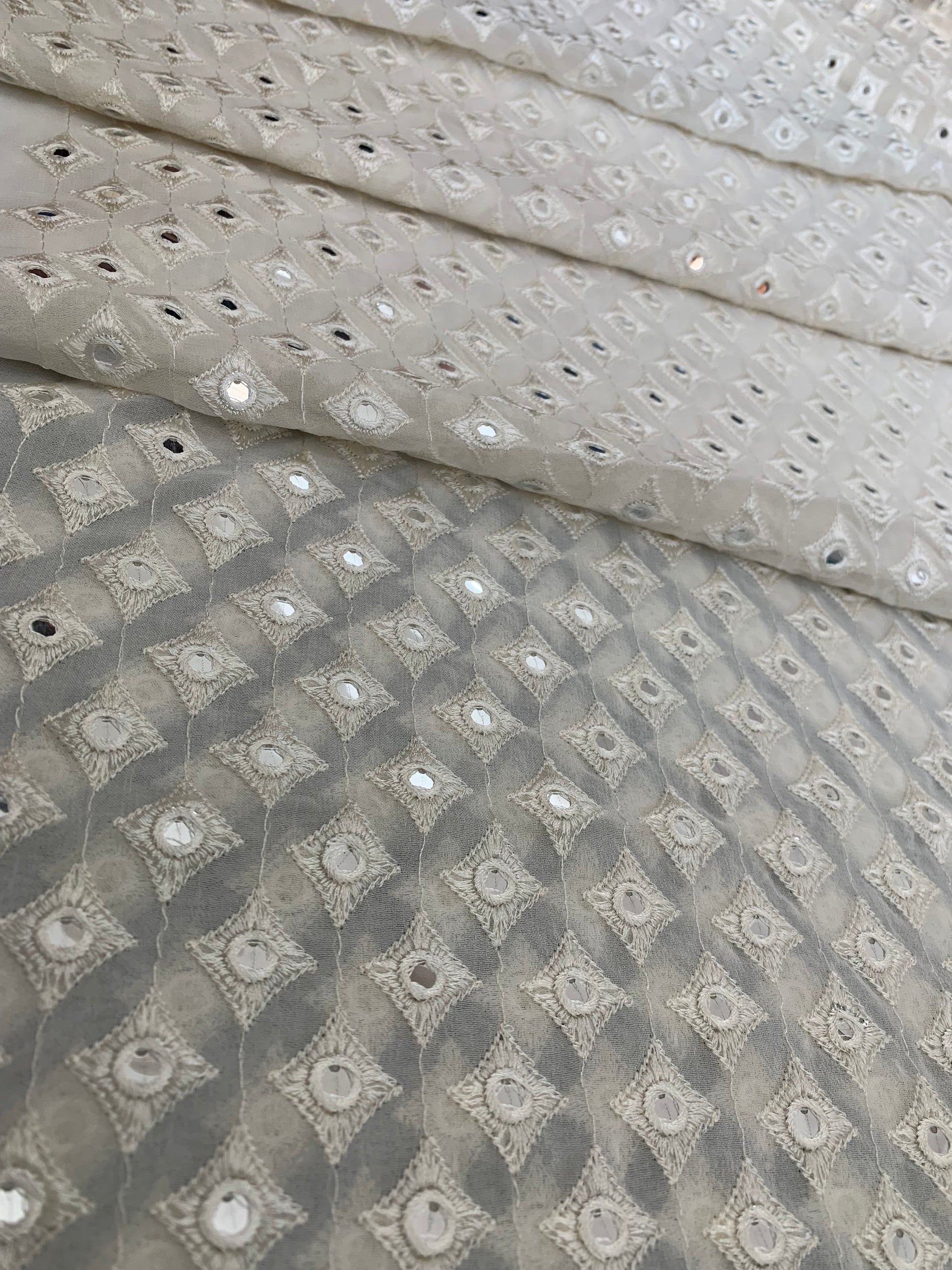 Ivory Mirror Work Geometric Embroidered Fabric