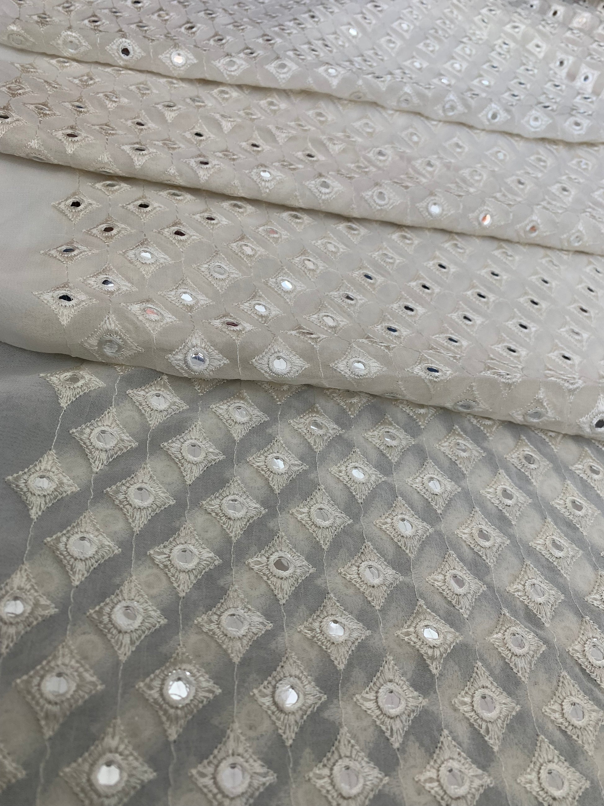 Ivory Mirror Work Geometric Embroidered Fabric