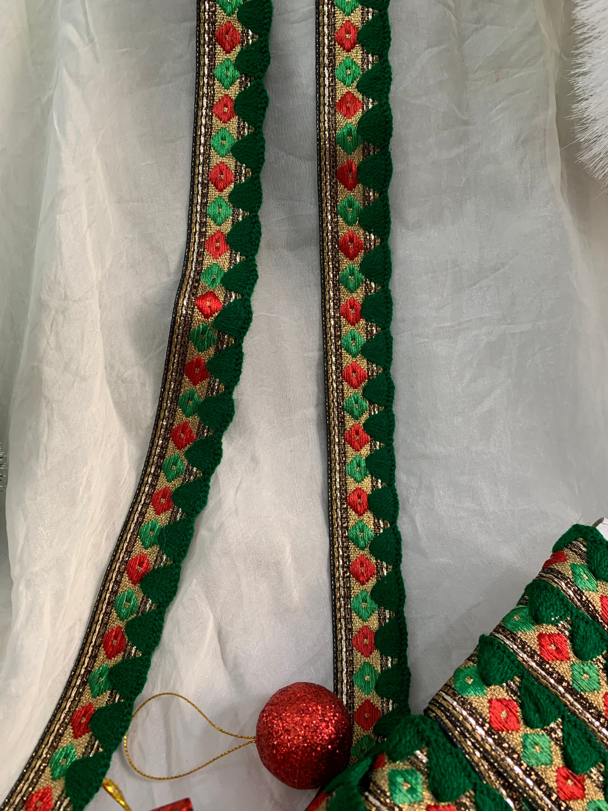 Festive Green–Gold Geometric Embroidered Trim