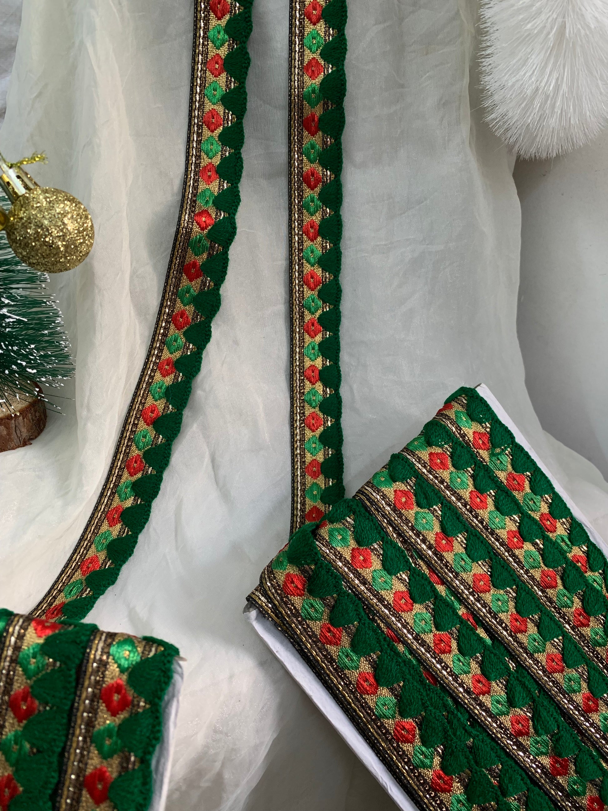 Festive Green–Gold Geometric Embroidered Trim