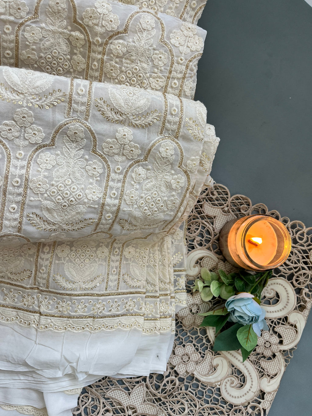 Golden Thread Embroidered Floral Lace Fabric