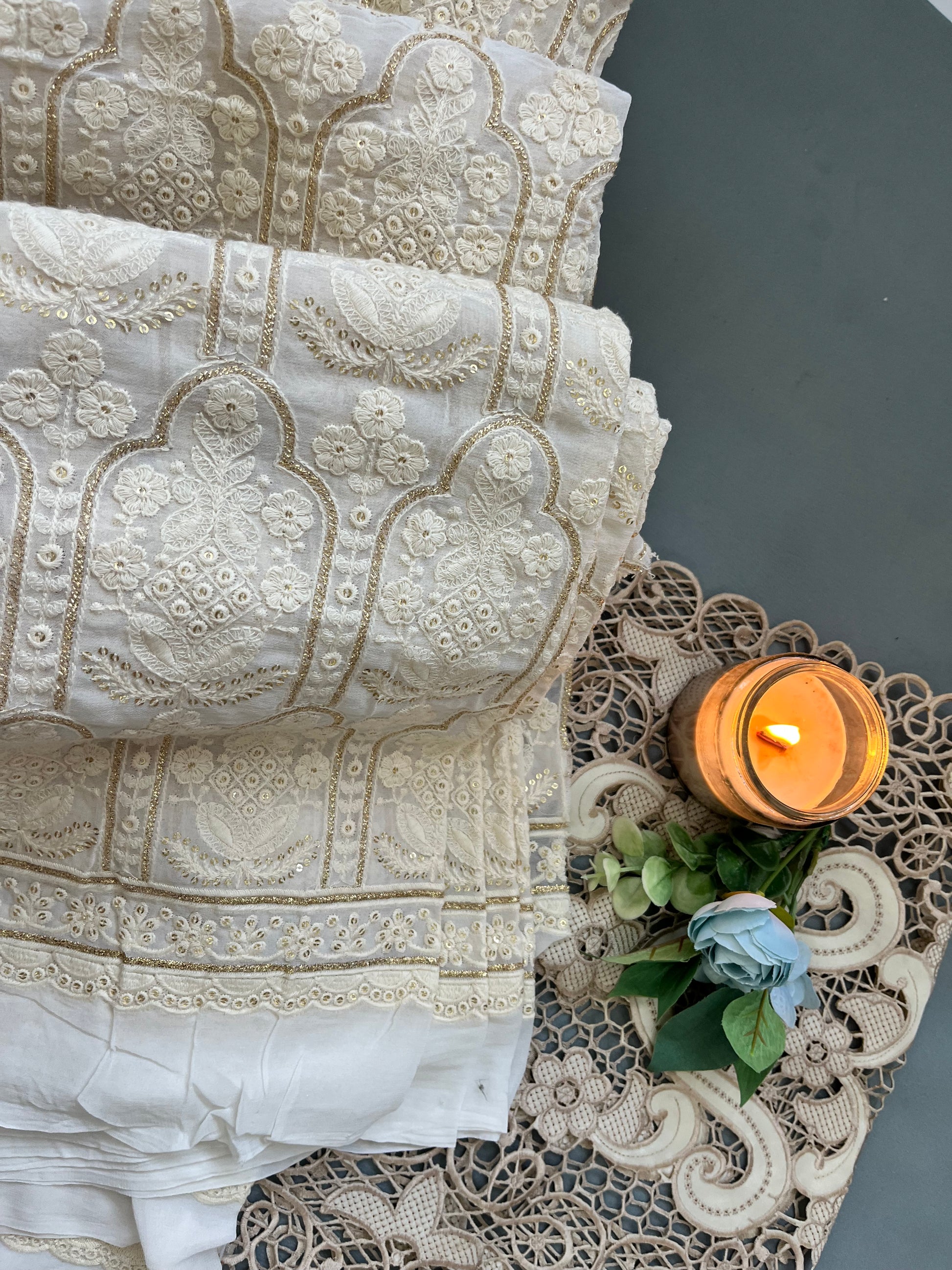 Golden Thread Embroidered Floral Lace Fabric