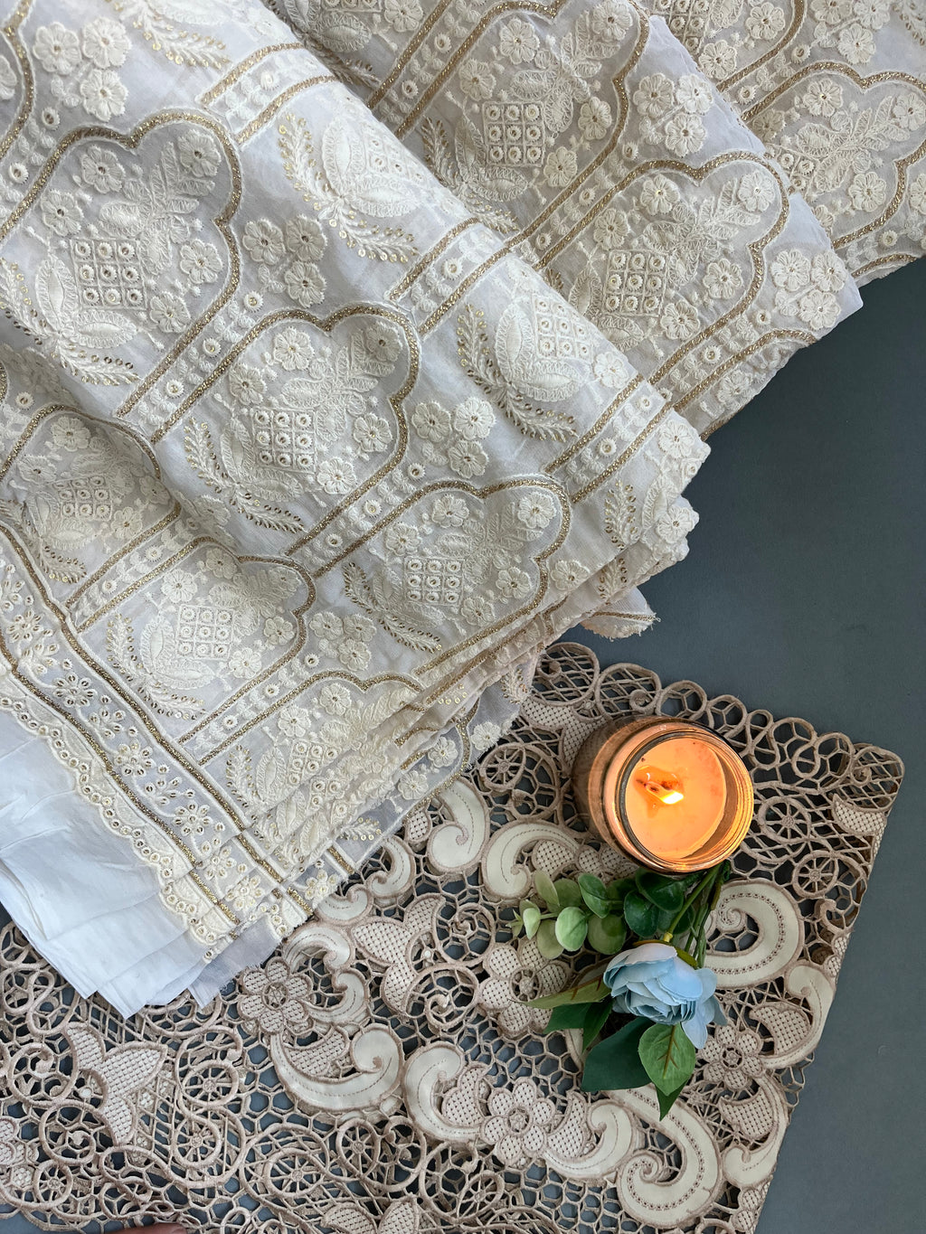 Golden Thread Embroidered Floral Lace Fabric