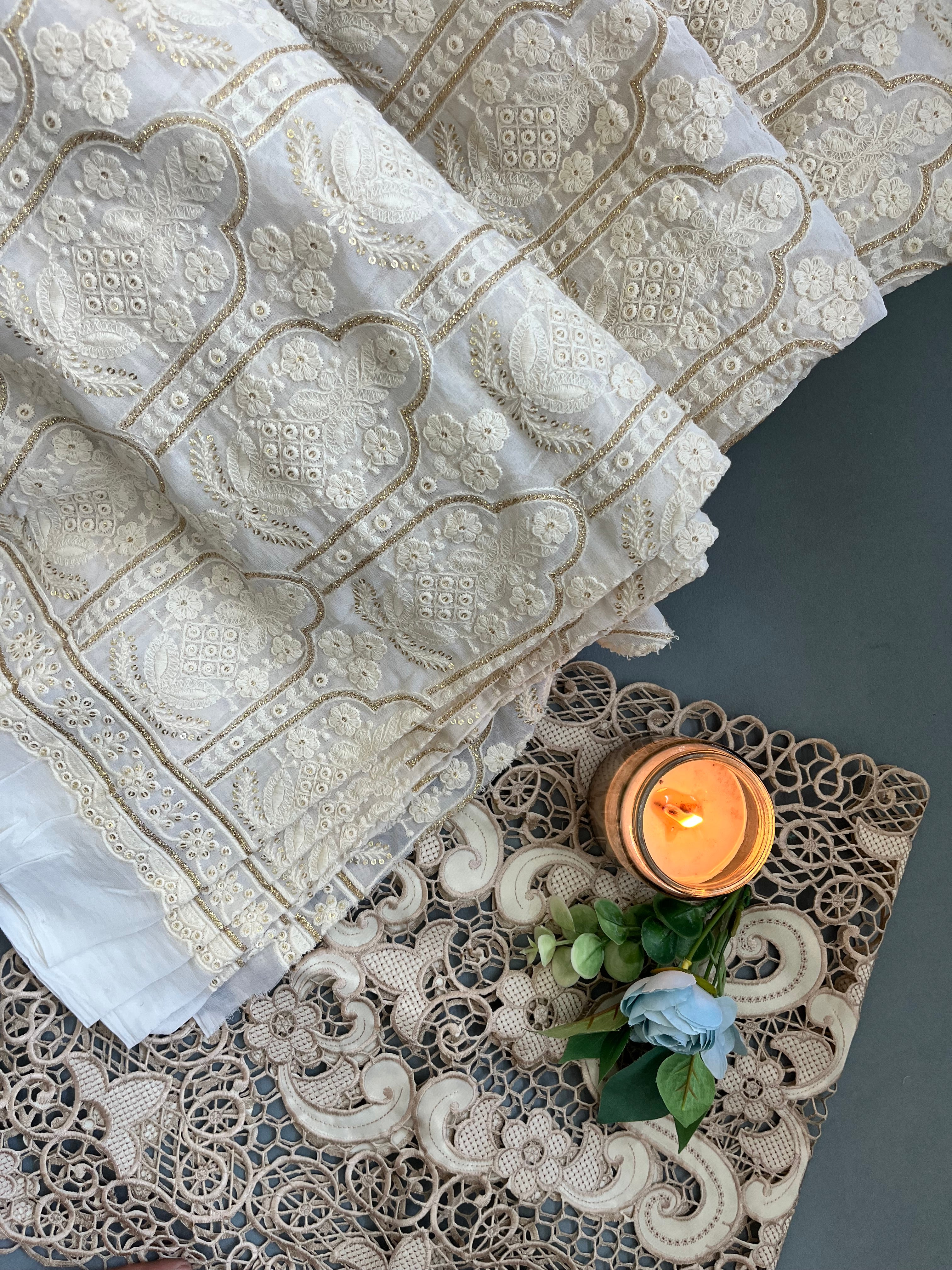 Golden Thread Embroidered Floral Lace Fabric