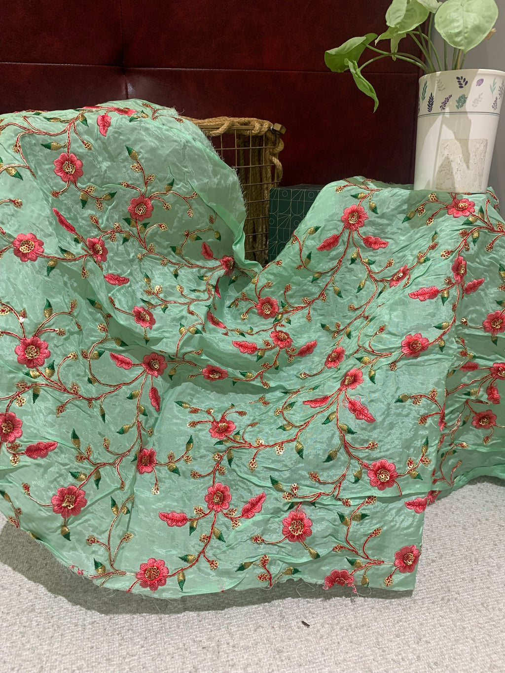 Floral Vine Embroidered Organza Fabric