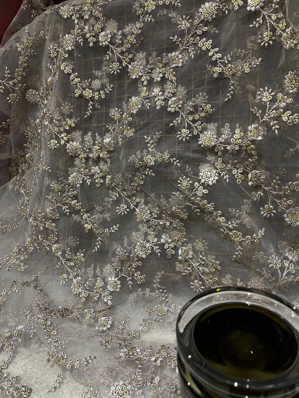 Grey Embroidered Net Fabric