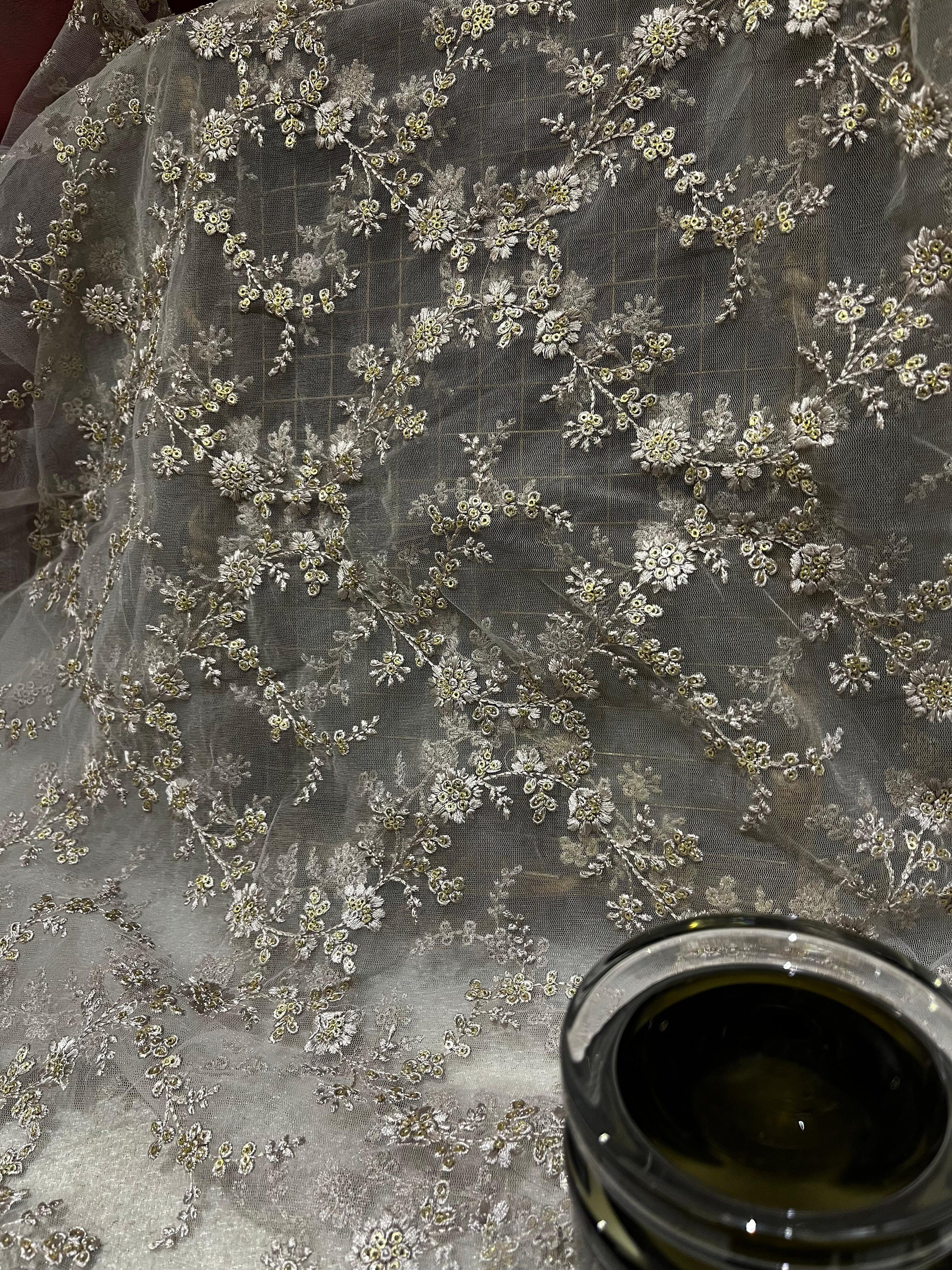 Grey Embroidered Net Fabric