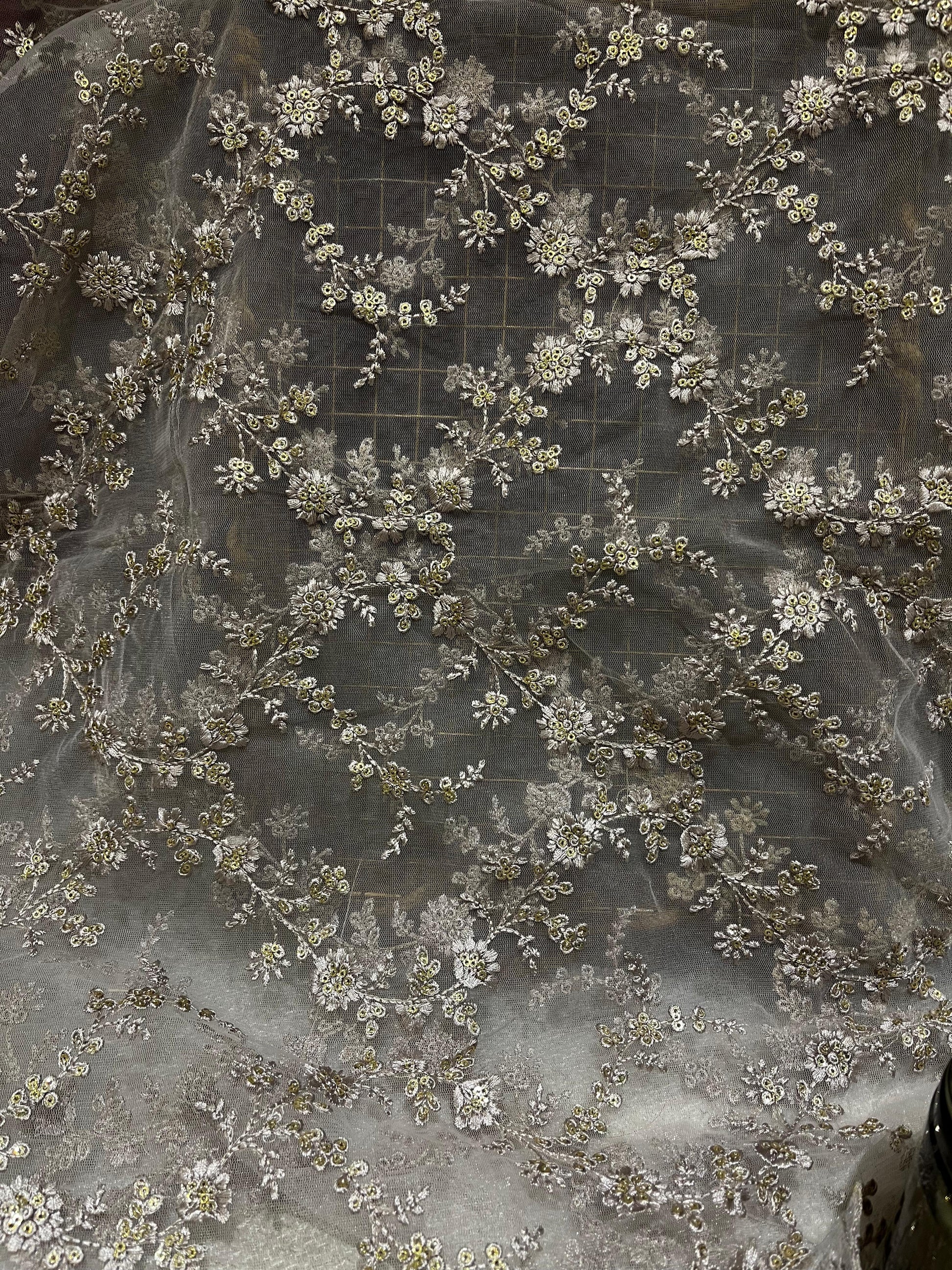 Grey Embroidered Net Fabric