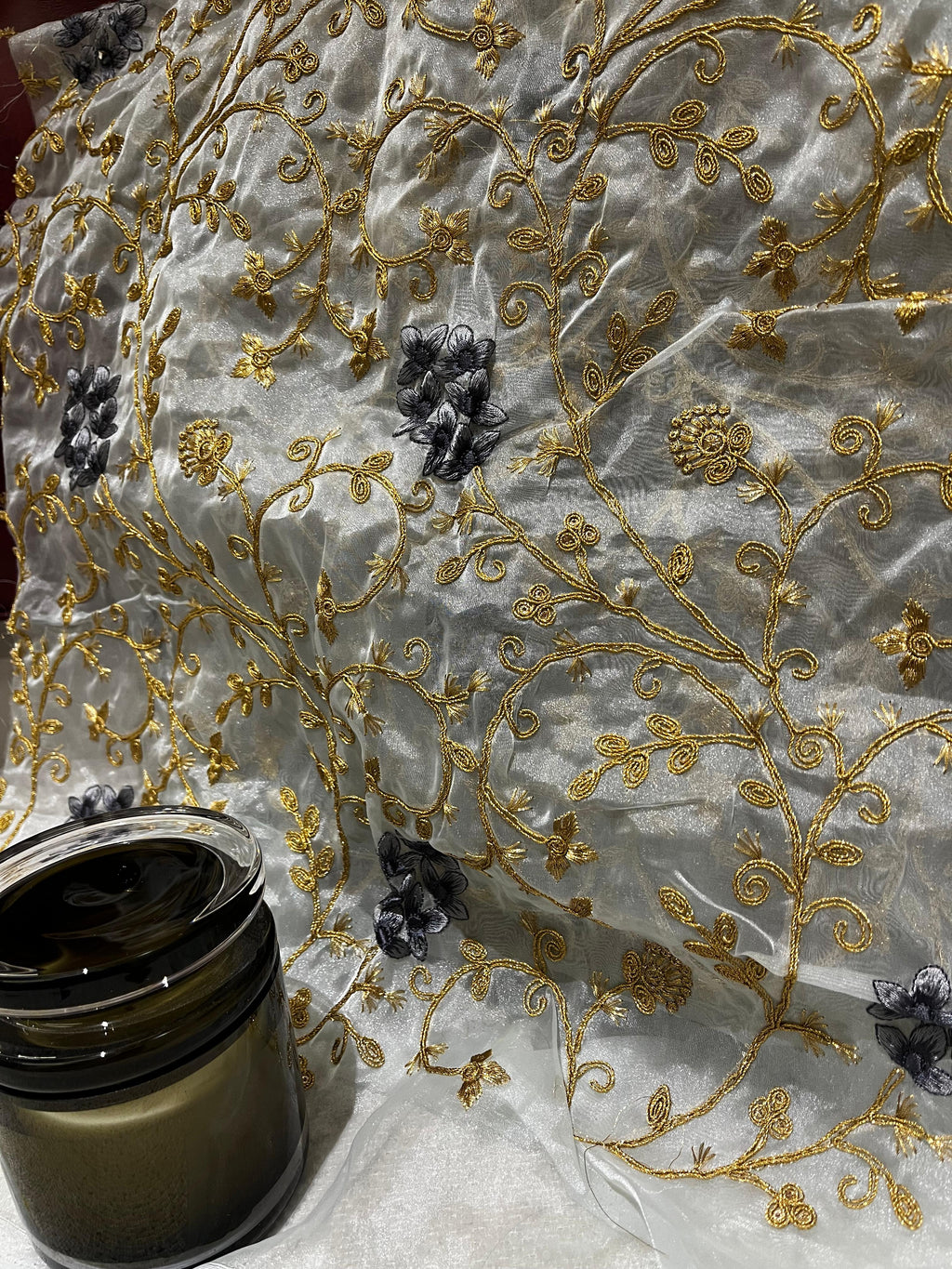 Embroidered Silk with thread Floral fabric