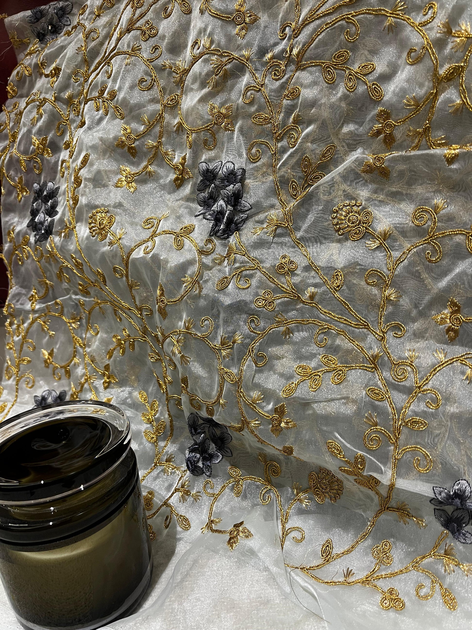 Embroidered Silk with thread Floral fabric