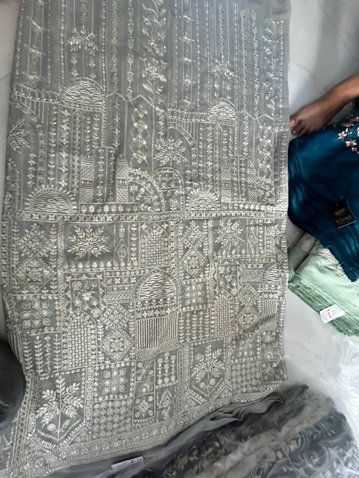 Ivory Threadwork Geometric Embroidered Fabric