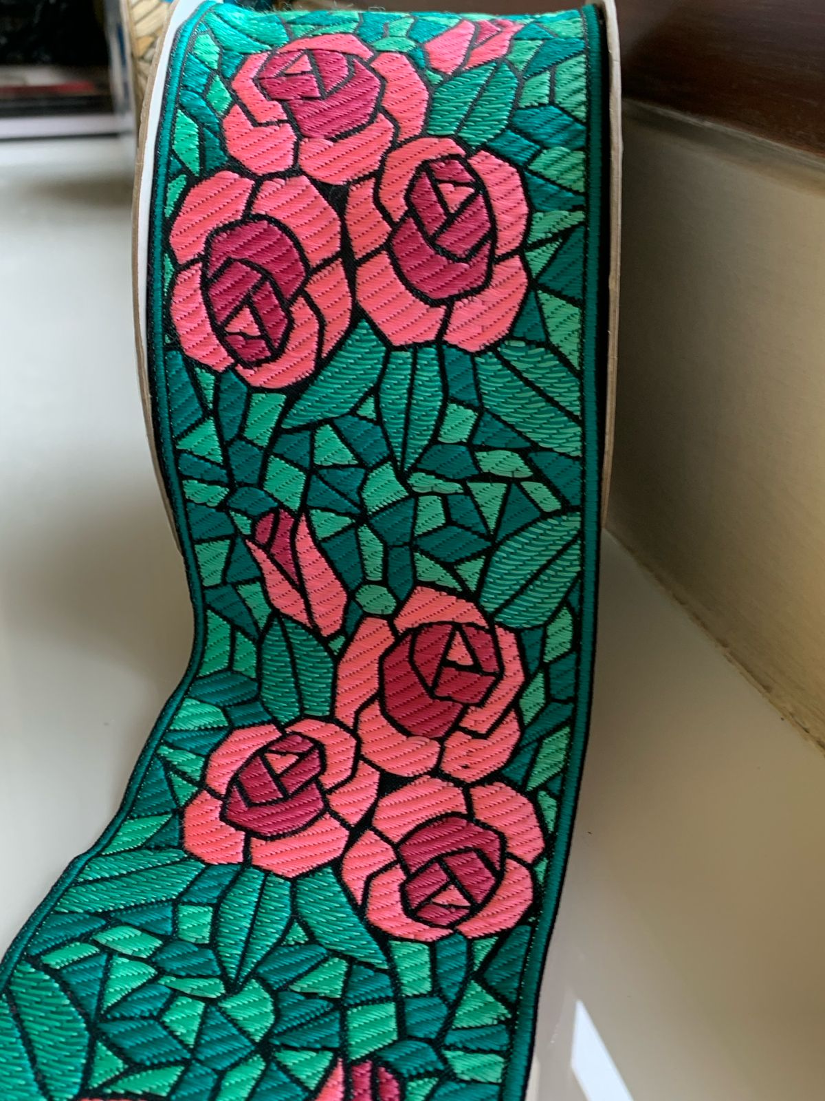 Stained Glass Rose Embroidered Trim